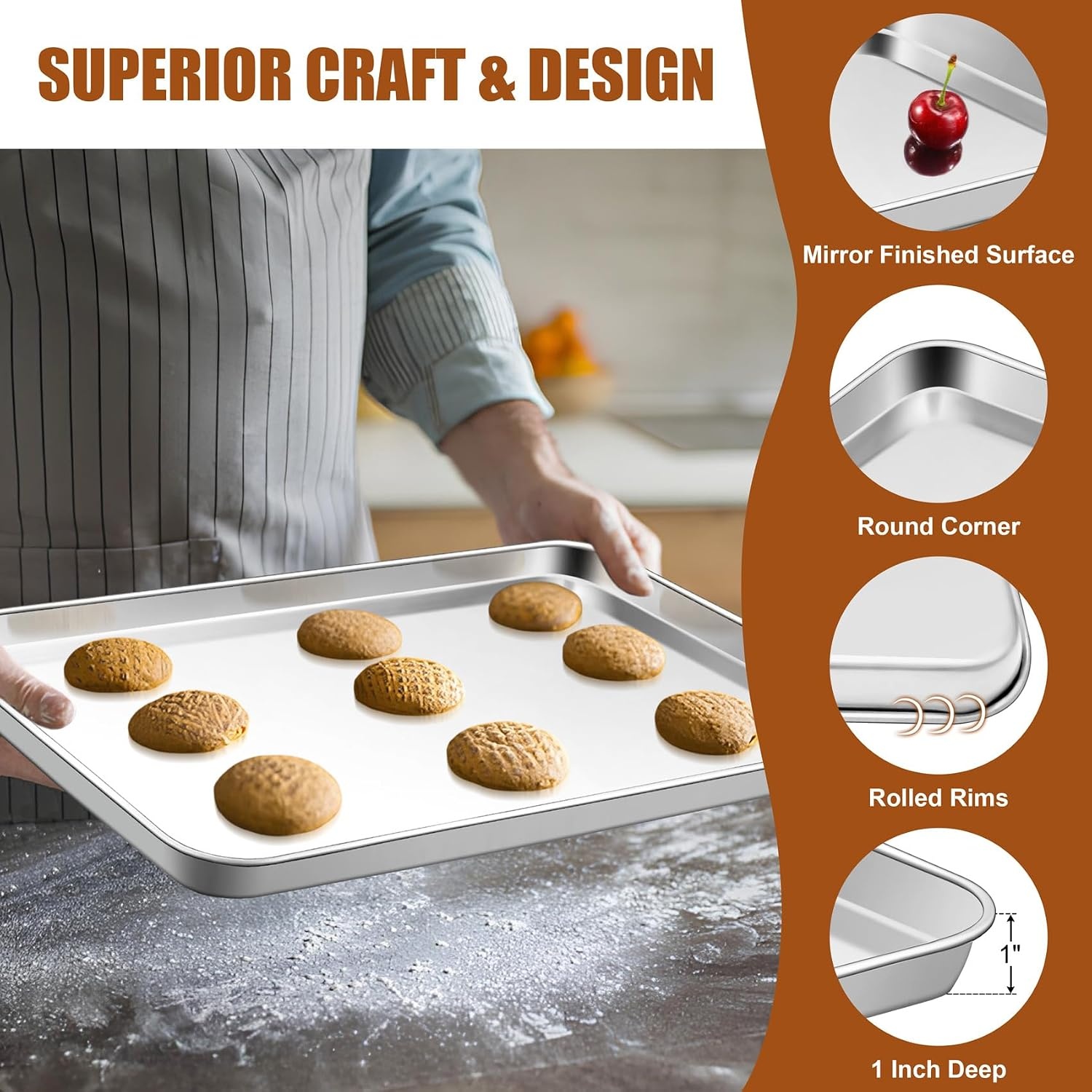 image:imageTeamFar Baking Sheet Set of 3 1612593 Inch Stainless Steel Cookie Sheets Baking Pans Metal Oven Baking Tray for Cooking Roasting Serving NonToxic amp Mirror Finish amp Dishwasher Safe176 16 125
