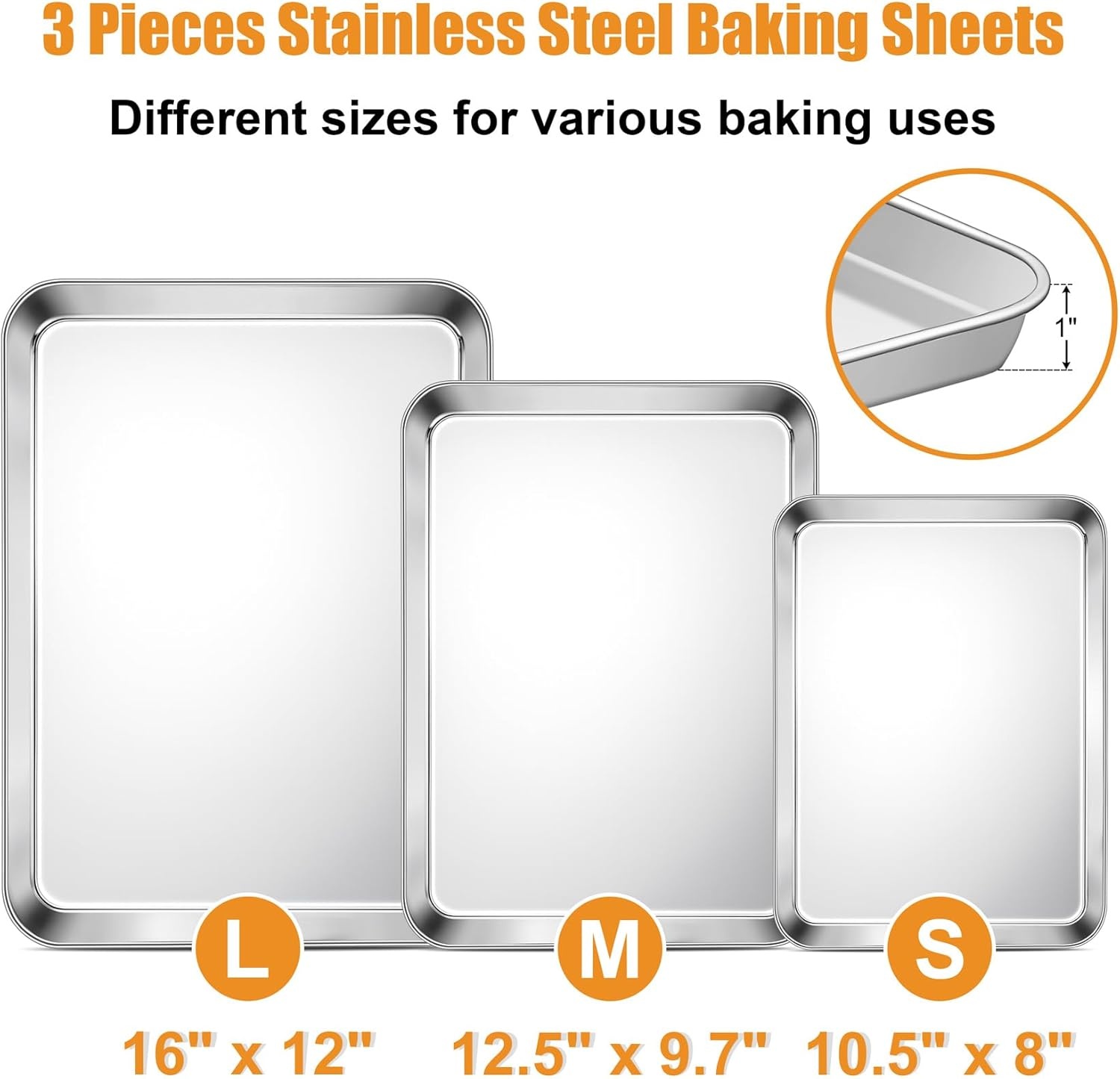 image:imageTeamFar Baking Sheet Set of 3 1612593 Inch Stainless Steel Cookie Sheets Baking Pans Metal Oven Baking Tray for Cooking Roasting Serving NonToxic amp Mirror Finish amp Dishwasher Safe16 125 105