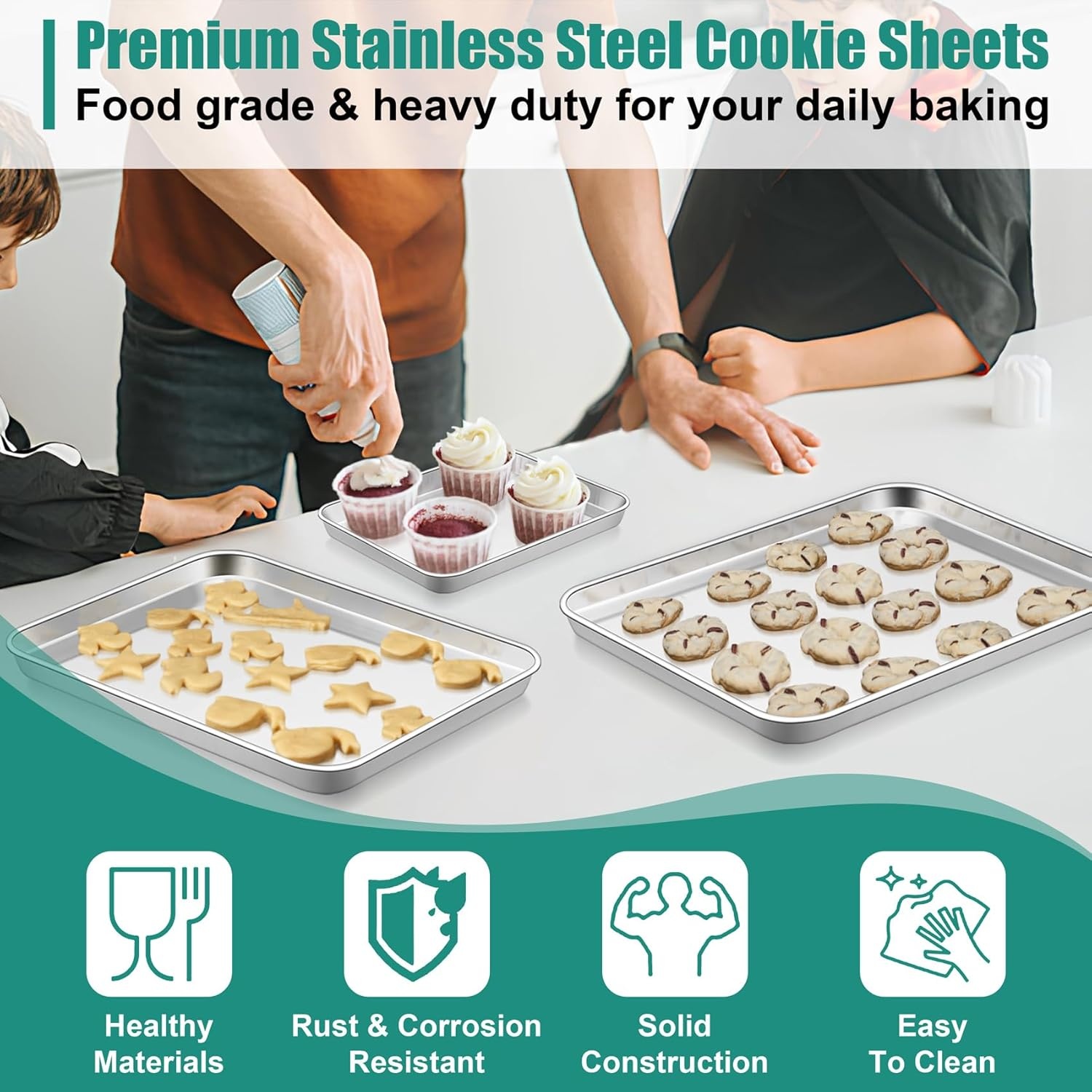 image:imageTeamFar Baking Sheet Set of 3 1612593 Inch Stainless Steel Cookie Sheets Baking Pans Metal Oven Baking Tray for Cooking Roasting Serving NonToxic amp Mirror Finish amp Dishwasher Safe16 125 93