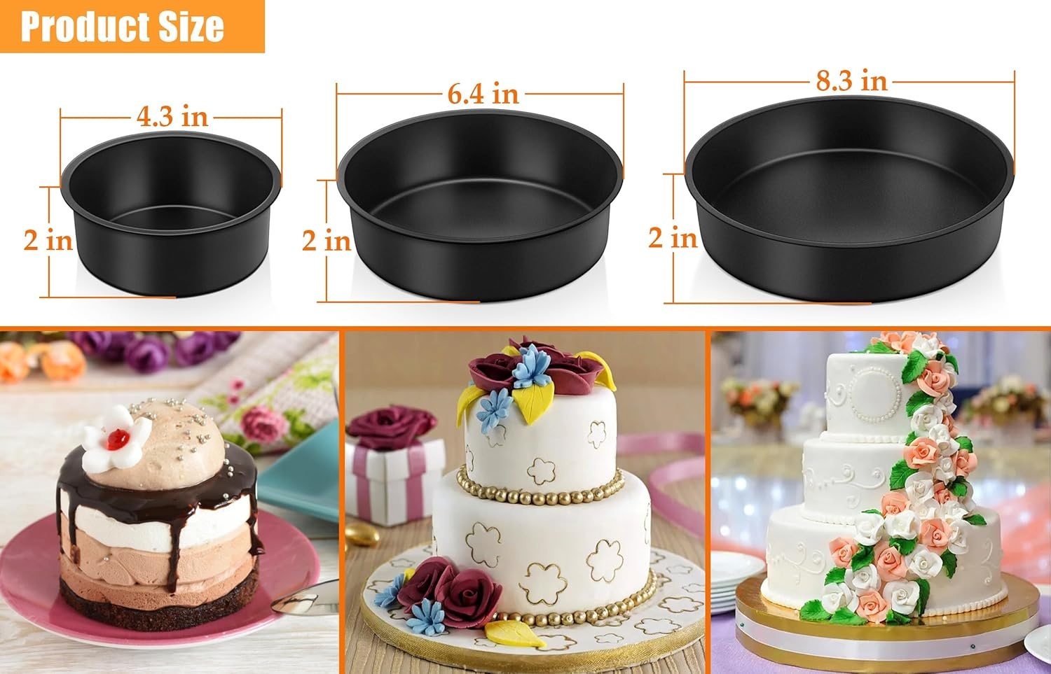 image:imageTeamFar Cake Pan 4 6 8 Round Baking Tier Pan Set with NonStick Coating Stainless Steel Core for Steaming Serving Healthy amp HeavyDuty Release Easily amp Easy Clean Set of 3 Black468Inch