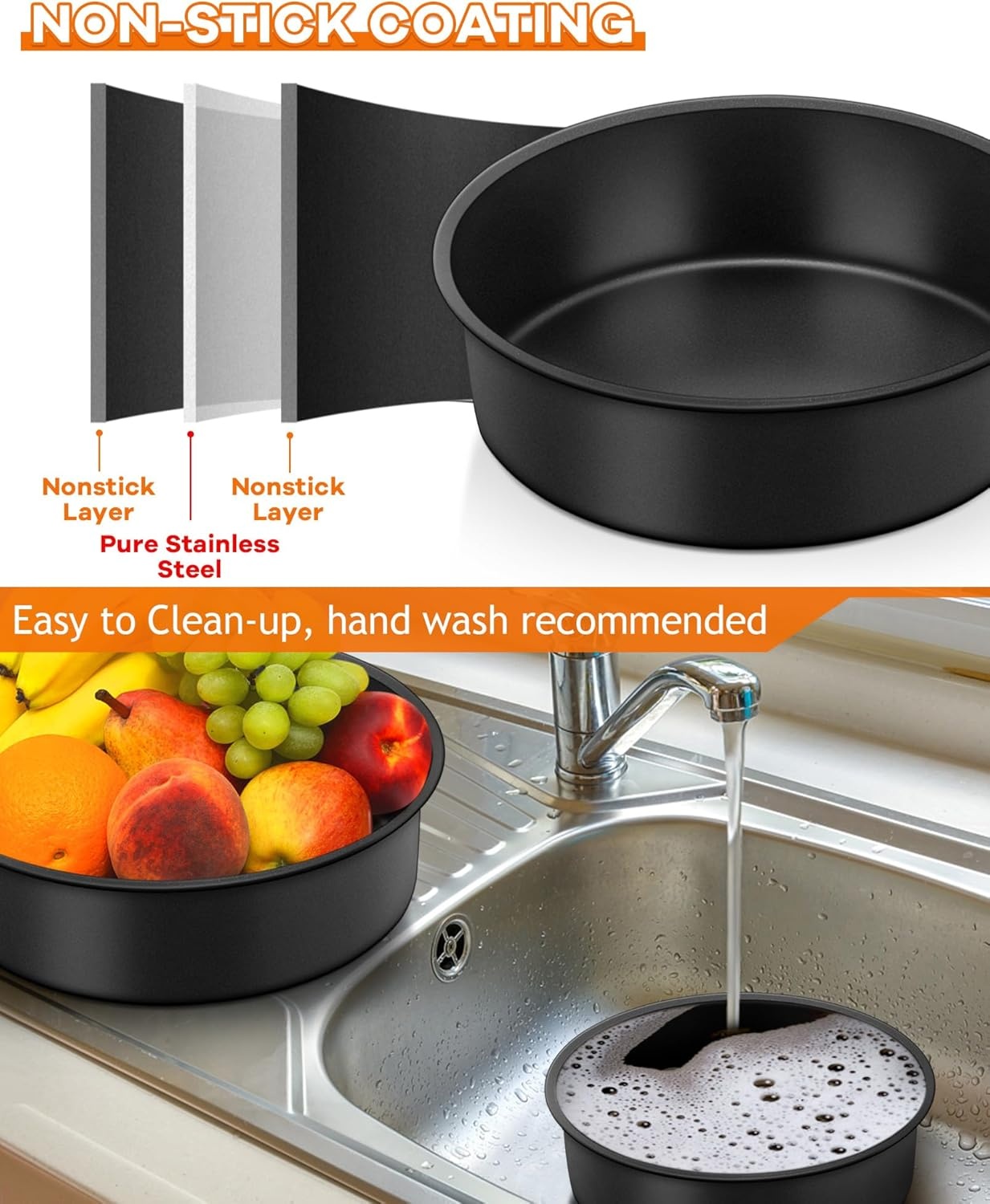 image:imageTeamFar Cake Pan 4 6 8 Round Baking Tier Pan Set with NonStick Coating Stainless Steel Core for Steaming Serving Healthy amp HeavyDuty Release Easily amp Easy Clean Set of 3 Black468Inch
