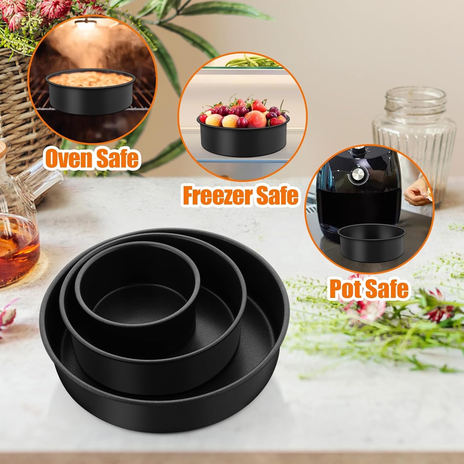 image:imageTeamFar Cake Pan 4 6 8 Round Baking Tier Pan Set with NonStick Coating Stainless Steel Core for Steaming Serving Healthy amp HeavyDuty Release Easily amp Easy Clean Set of 3 Black468Inch