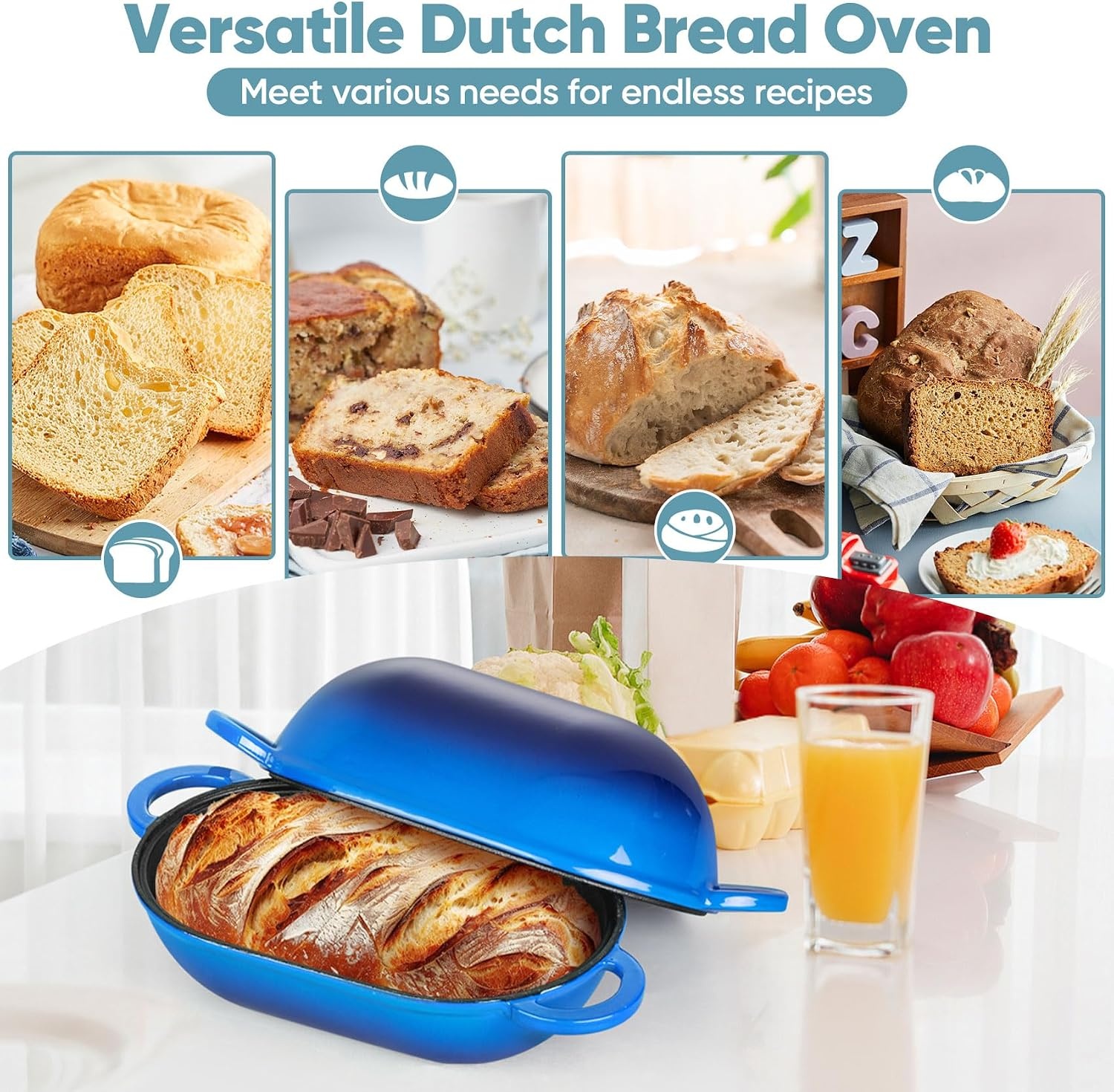 image:imageTeamFar Enameled Cast Iron Bread Loaf Pan 2 QT Oval Dutch Oven with Lid for Sourdough Bread Baking Enameled Meatloaf Loaf Baking Pan with Lid Even Heat Distribution amp SelfBasting BlueBlue