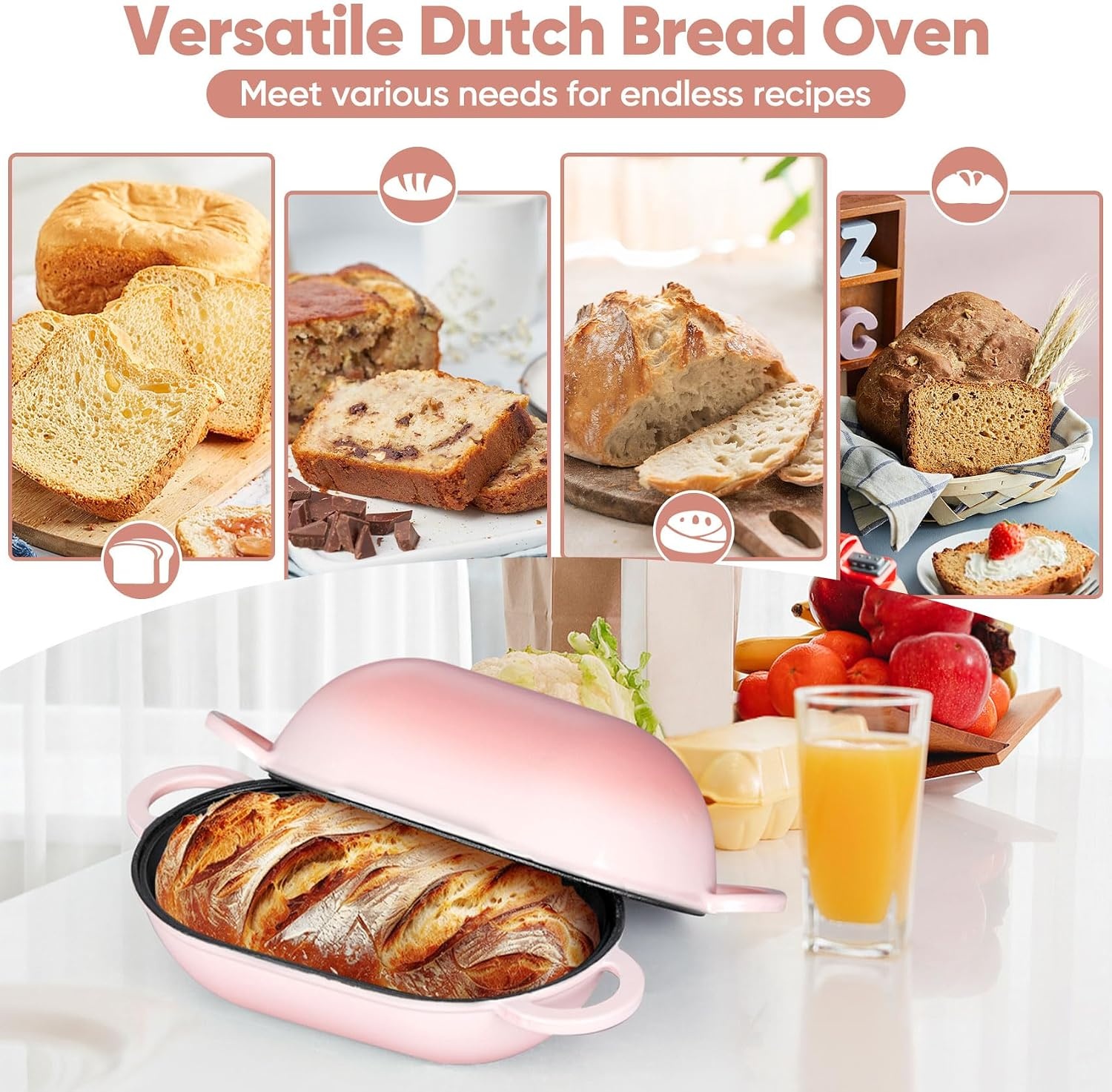 image:imageTeamFar Enameled Cast Iron Bread Loaf Pan 2 QT Oval Dutch Oven with Lid for Sourdough Bread Baking Enameled Meatloaf Loaf Baking Pan with Lid Even Heat Distribution amp SelfBasting BluePink
