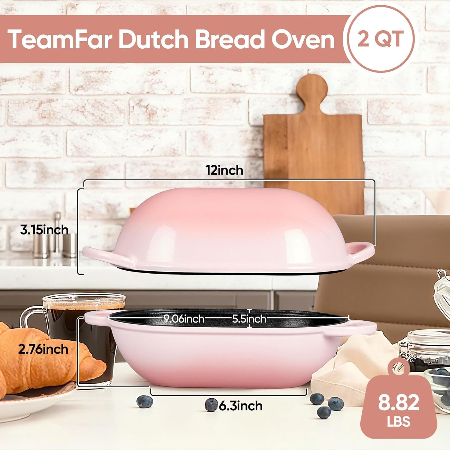 image:imageTeamFar Enameled Cast Iron Bread Loaf Pan 2 QT Oval Dutch Oven with Lid for Sourdough Bread Baking Enameled Meatloaf Loaf Baking Pan with Lid Even Heat Distribution amp SelfBasting BluePink
