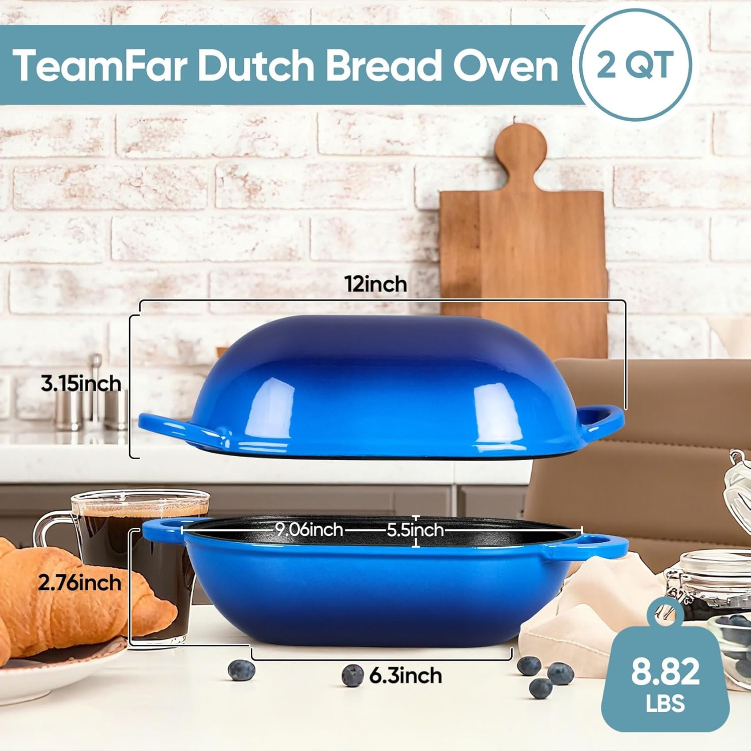 image:imageTeamFar Enameled Cast Iron Bread Loaf Pan 2 QT Oval Dutch Oven with Lid for Sourdough Bread Baking Enameled Meatloaf Loaf Baking Pan with Lid Even Heat Distribution amp SelfBasting BlueBlue