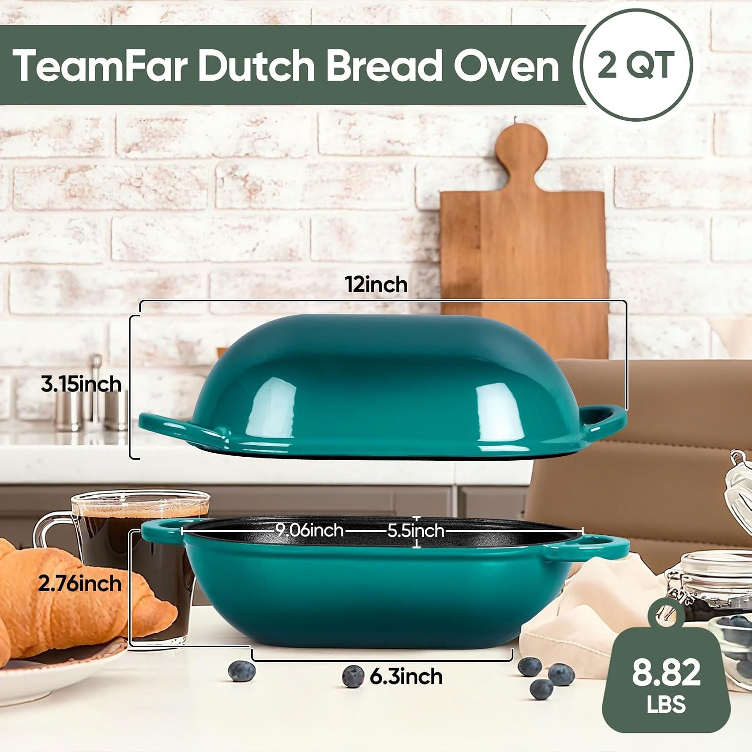 image:imageTeamFar Enameled Cast Iron Bread Loaf Pan 2 QT Oval Dutch Oven with Lid for Sourdough Bread Baking Enameled Meatloaf Loaf Baking Pan with Lid Even Heat Distribution amp SelfBasting BlueBasil Green