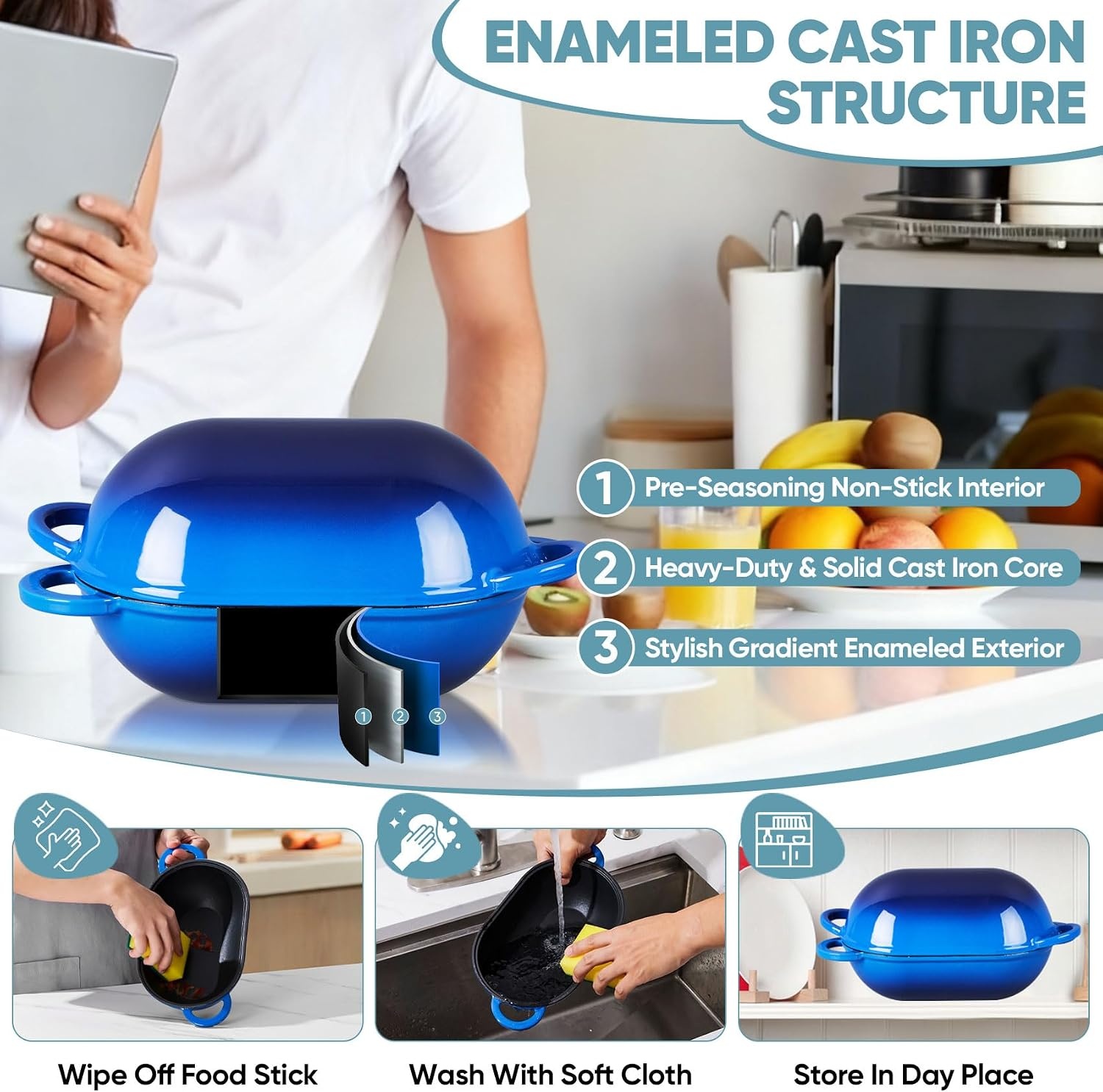 image:imageTeamFar Enameled Cast Iron Bread Loaf Pan 2 QT Oval Dutch Oven with Lid for Sourdough Bread Baking Enameled Meatloaf Loaf Baking Pan with Lid Even Heat Distribution amp SelfBasting BlueBlue