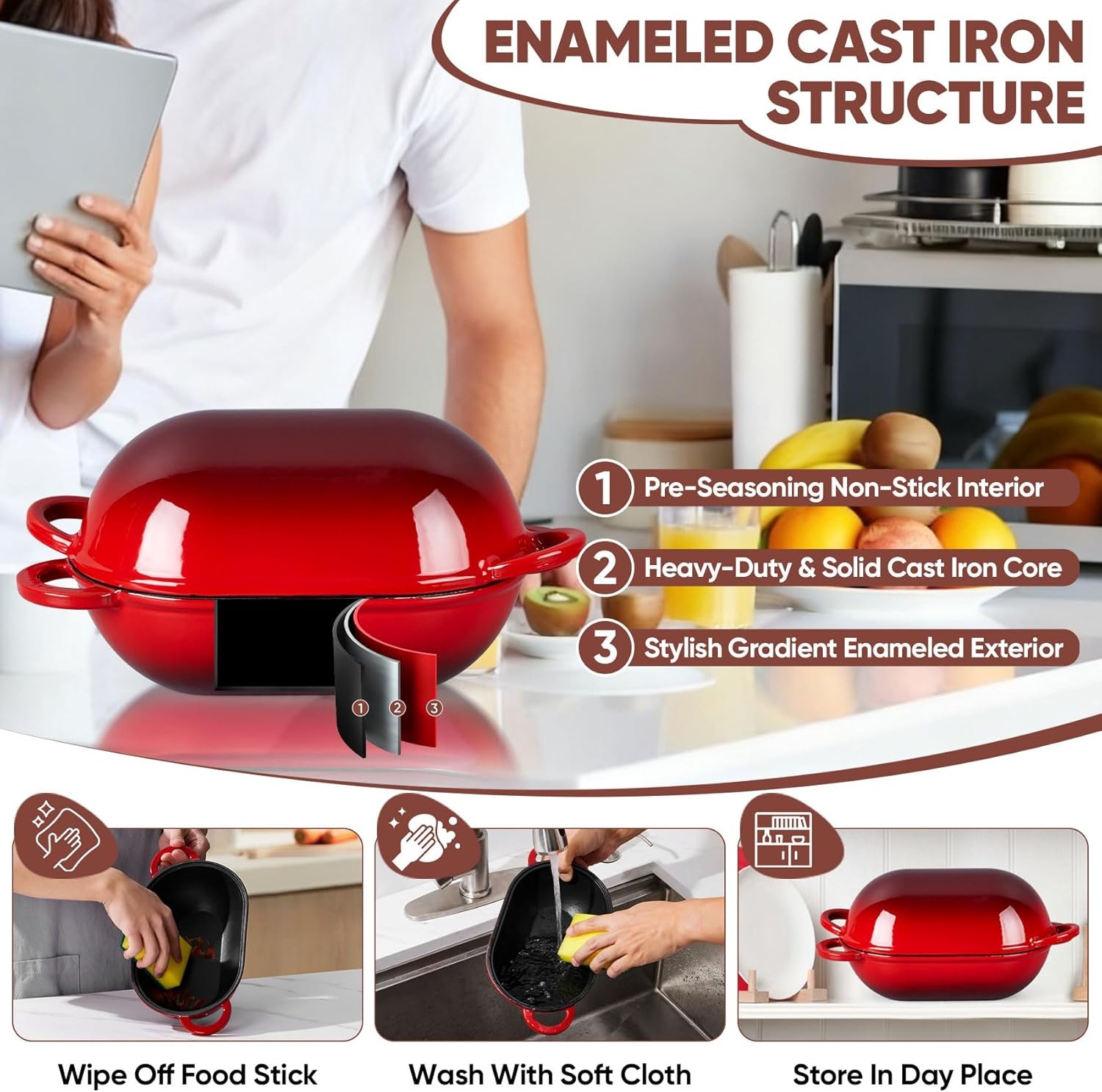 image:imageTeamFar Enameled Cast Iron Bread Loaf Pan 2 QT Oval Dutch Oven with Lid for Sourdough Bread Baking Enameled Meatloaf Loaf Baking Pan with Lid Even Heat Distribution amp SelfBasting BlueRed