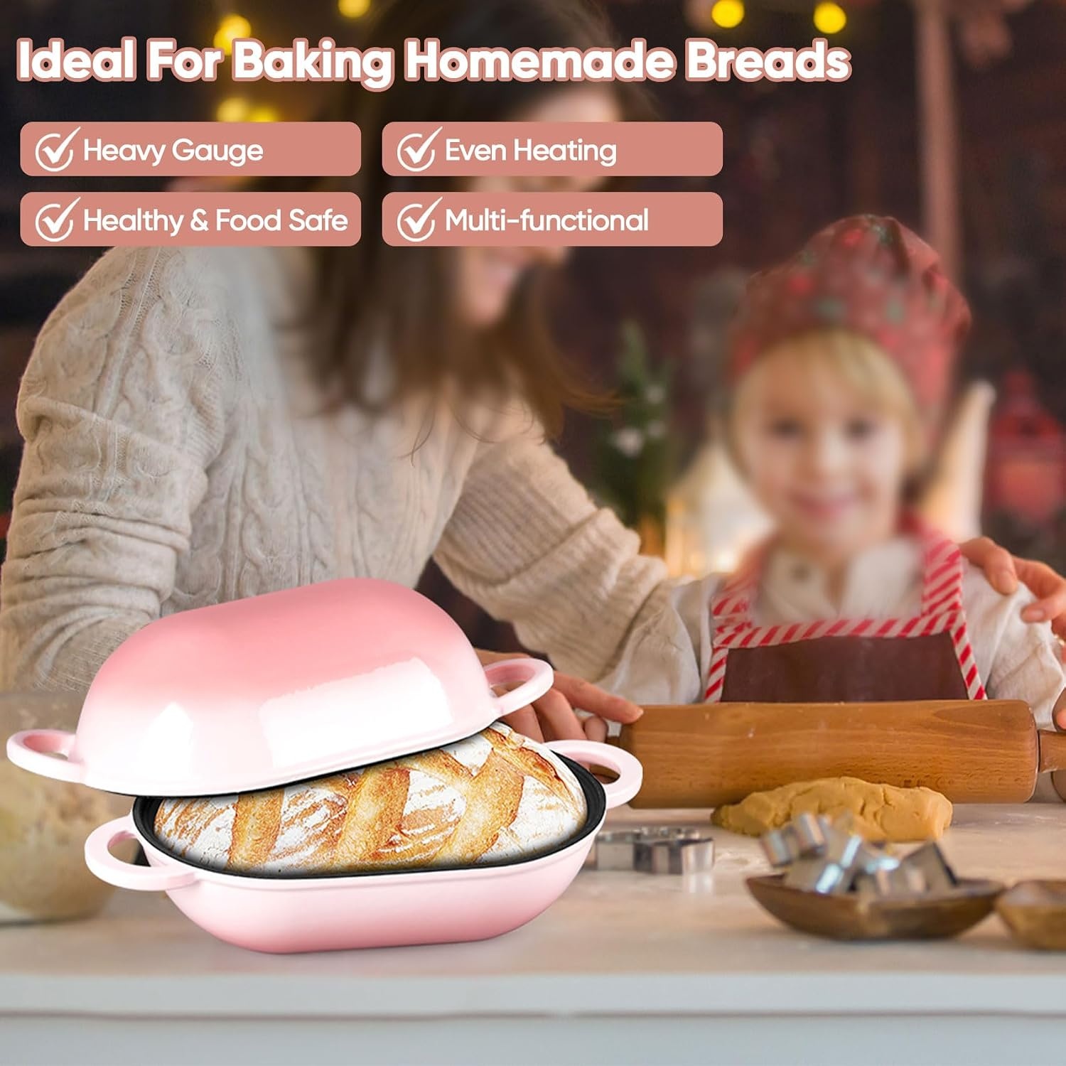 image:imageTeamFar Enameled Cast Iron Bread Loaf Pan 2 QT Oval Dutch Oven with Lid for Sourdough Bread Baking Enameled Meatloaf Loaf Baking Pan with Lid Even Heat Distribution amp SelfBasting BluePink