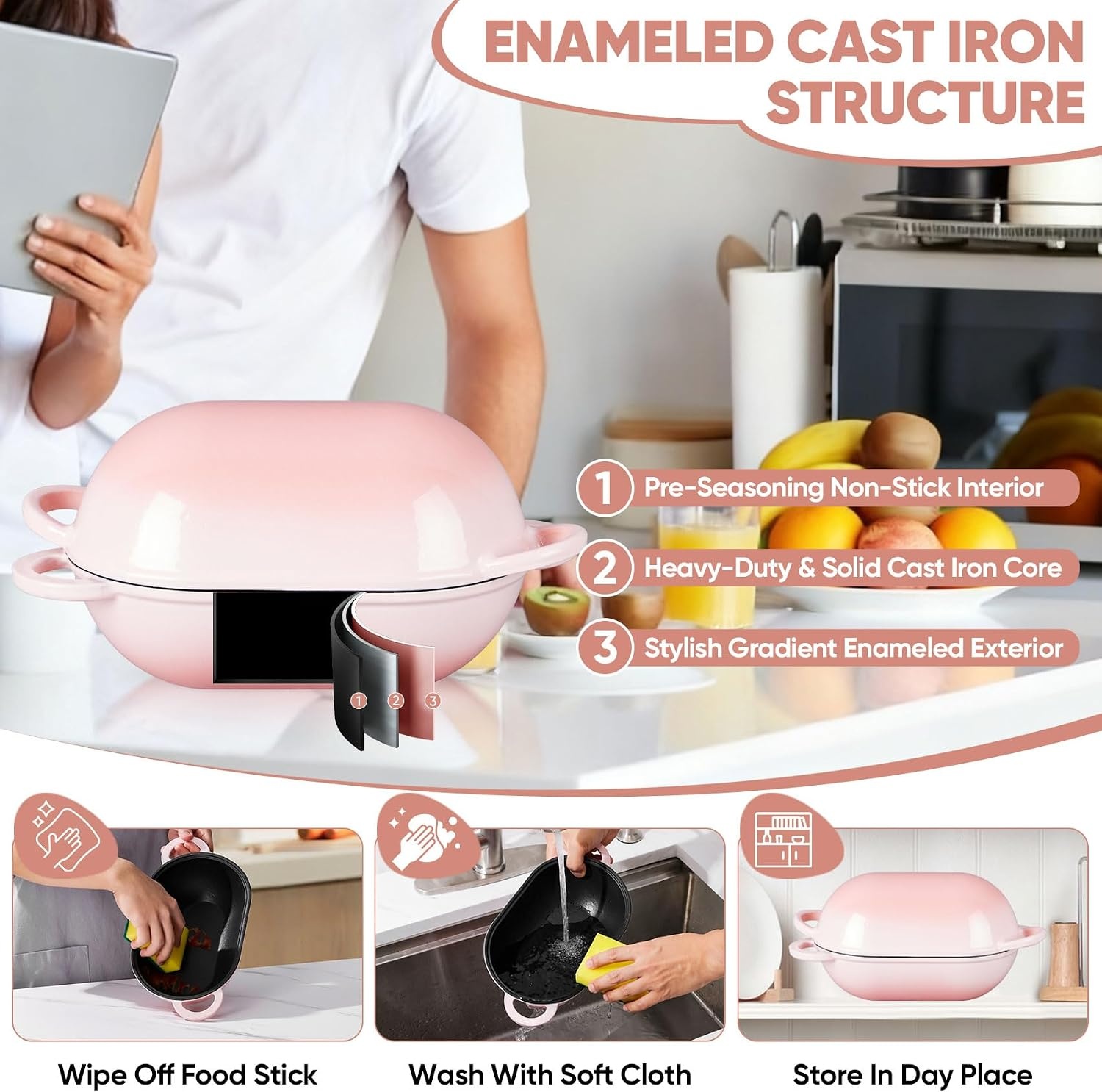 image:imageTeamFar Enameled Cast Iron Bread Loaf Pan 2 QT Oval Dutch Oven with Lid for Sourdough Bread Baking Enameled Meatloaf Loaf Baking Pan with Lid Even Heat Distribution amp SelfBasting BluePink