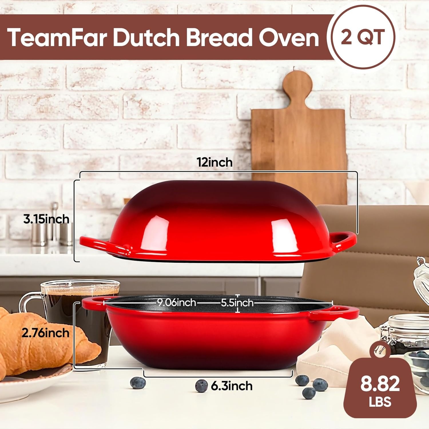 image:imageTeamFar Enameled Cast Iron Bread Loaf Pan 2 QT Oval Dutch Oven with Lid for Sourdough Bread Baking Enameled Meatloaf Loaf Baking Pan with Lid Even Heat Distribution amp SelfBasting BlueRed