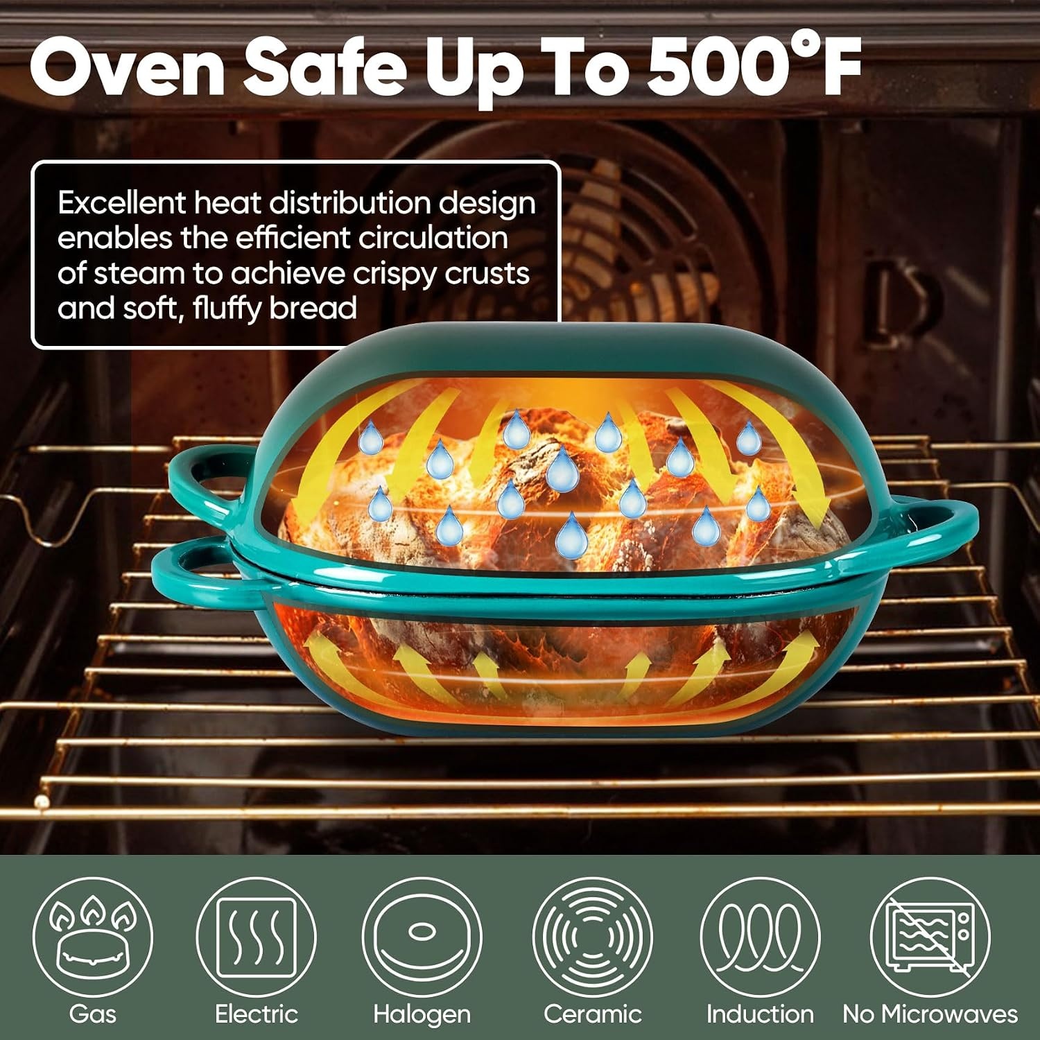 image:imageTeamFar Enameled Cast Iron Bread Loaf Pan 2 QT Oval Dutch Oven with Lid for Sourdough Bread Baking Enameled Meatloaf Loaf Baking Pan with Lid Even Heat Distribution amp SelfBasting BlueBasil Green