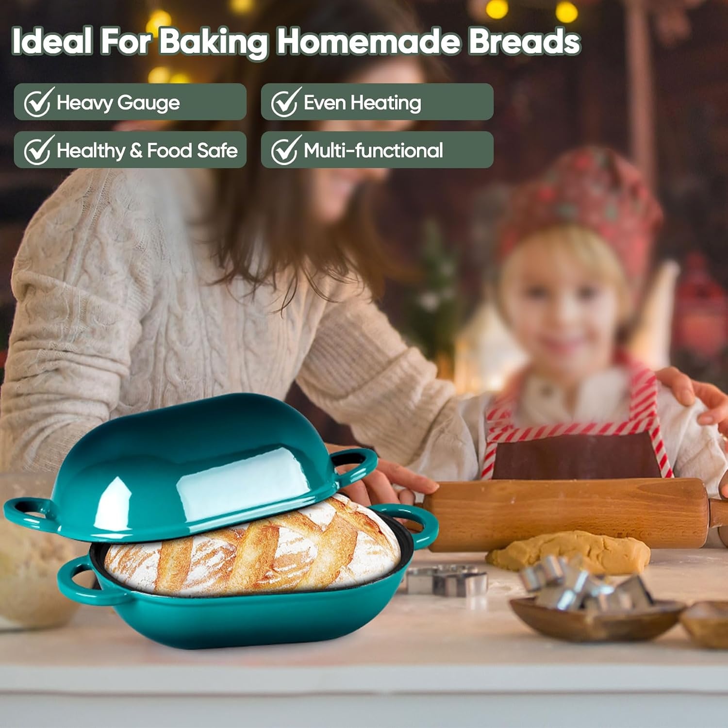 image:imageTeamFar Enameled Cast Iron Bread Loaf Pan 2 QT Oval Dutch Oven with Lid for Sourdough Bread Baking Enameled Meatloaf Loaf Baking Pan with Lid Even Heat Distribution amp SelfBasting BlueBasil Green