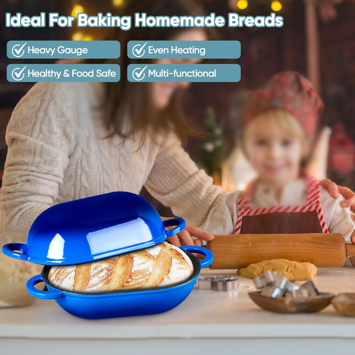 image:imageTeamFar Enameled Cast Iron Bread Loaf Pan 2 QT Oval Dutch Oven with Lid for Sourdough Bread Baking Enameled Meatloaf Loaf Baking Pan with Lid Even Heat Distribution amp SelfBasting BlueBlue
