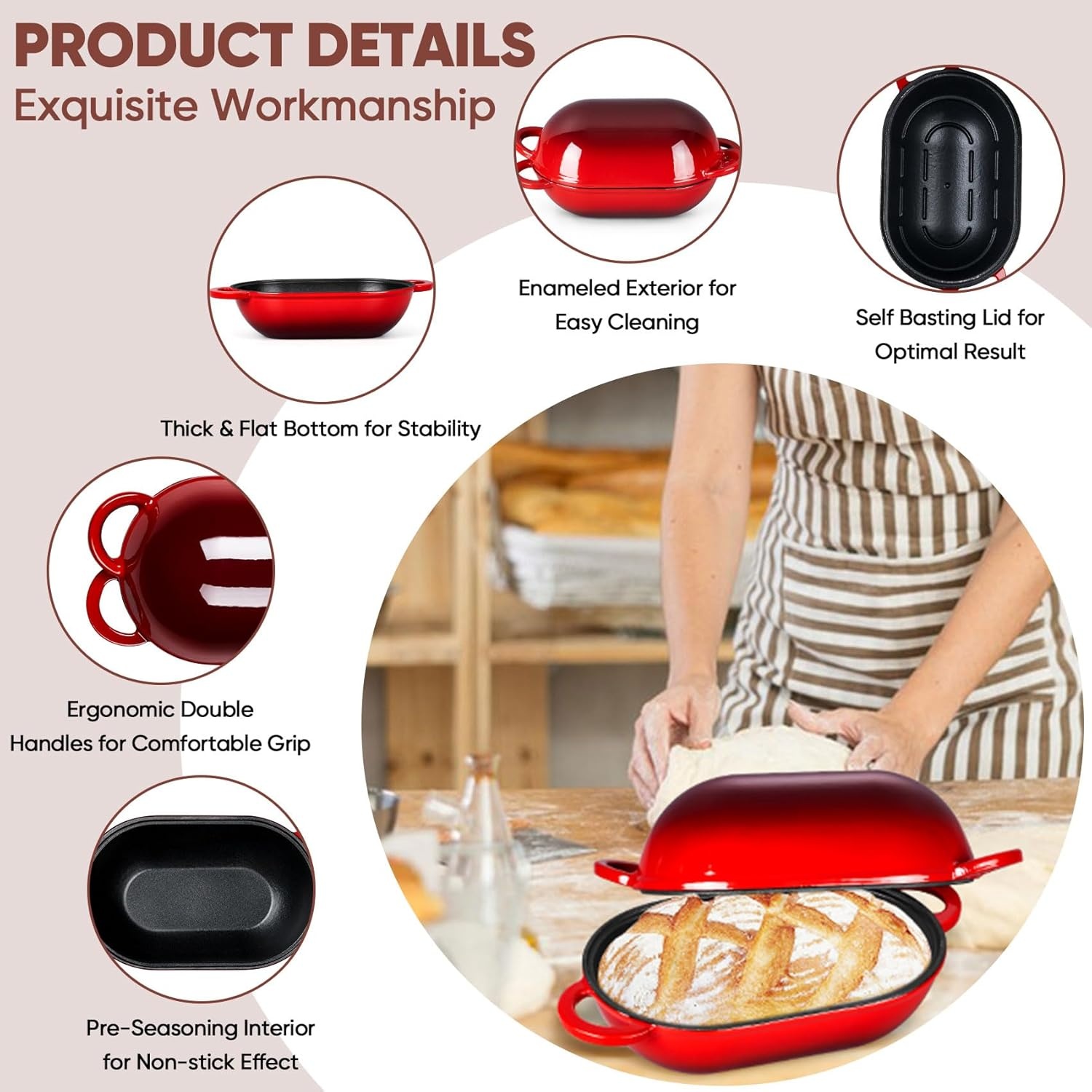 image:imageTeamFar Enameled Cast Iron Bread Loaf Pan 2 QT Oval Dutch Oven with Lid for Sourdough Bread Baking Enameled Meatloaf Loaf Baking Pan with Lid Even Heat Distribution amp SelfBasting BlueRed