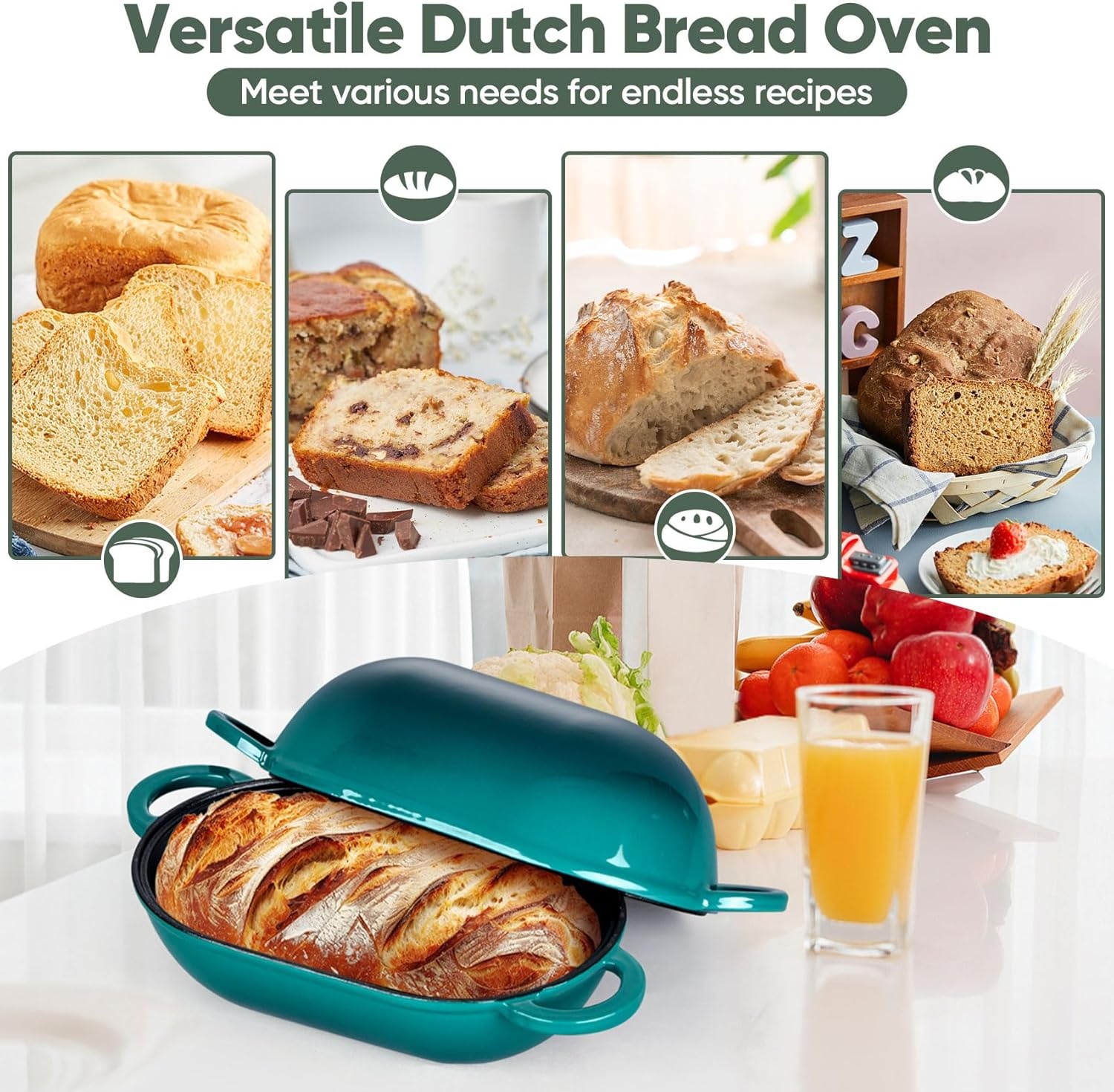 image:imageTeamFar Enameled Cast Iron Bread Loaf Pan 2 QT Oval Dutch Oven with Lid for Sourdough Bread Baking Enameled Meatloaf Loaf Baking Pan with Lid Even Heat Distribution amp SelfBasting BlueBasil Green