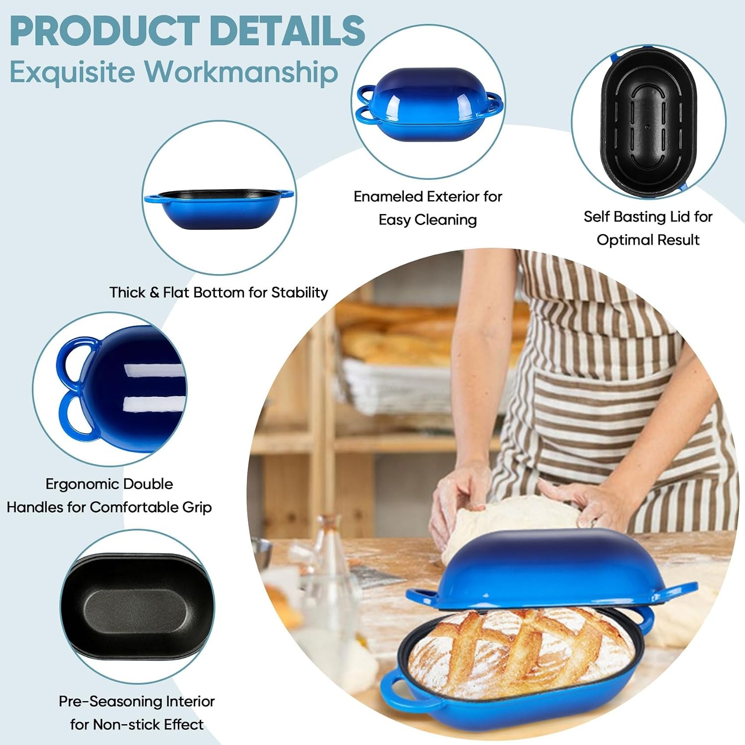 image:imageTeamFar Enameled Cast Iron Bread Loaf Pan 2 QT Oval Dutch Oven with Lid for Sourdough Bread Baking Enameled Meatloaf Loaf Baking Pan with Lid Even Heat Distribution amp SelfBasting BlueBlue