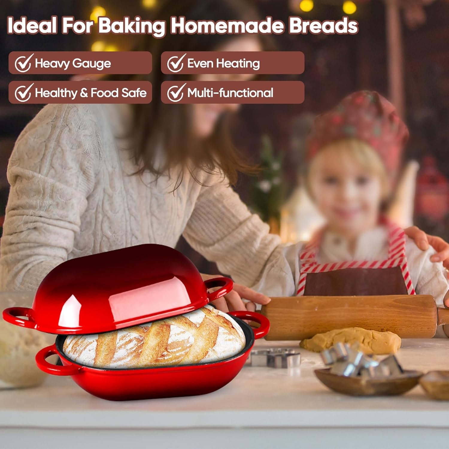 image:imageTeamFar Enameled Cast Iron Bread Loaf Pan 2 QT Oval Dutch Oven with Lid for Sourdough Bread Baking Enameled Meatloaf Loaf Baking Pan with Lid Even Heat Distribution amp SelfBasting BlueRed
