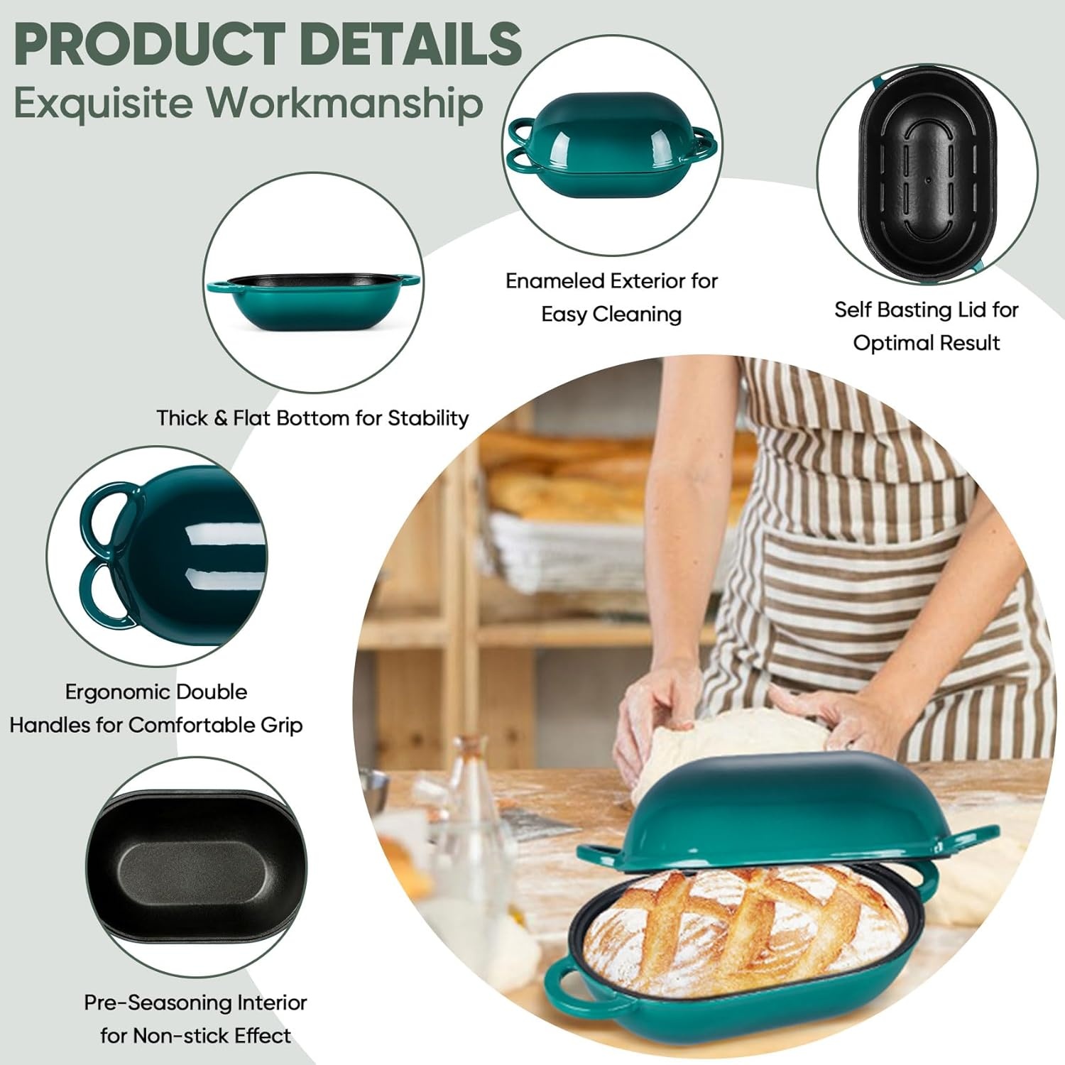 image:imageTeamFar Enameled Cast Iron Bread Loaf Pan 2 QT Oval Dutch Oven with Lid for Sourdough Bread Baking Enameled Meatloaf Loaf Baking Pan with Lid Even Heat Distribution amp SelfBasting BlueBasil Green