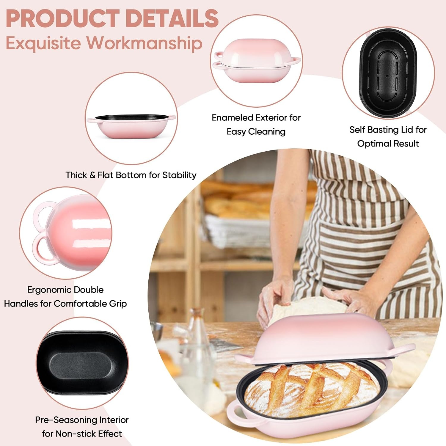 image:imageTeamFar Enameled Cast Iron Bread Loaf Pan 2 QT Oval Dutch Oven with Lid for Sourdough Bread Baking Enameled Meatloaf Loaf Baking Pan with Lid Even Heat Distribution amp SelfBasting BluePink