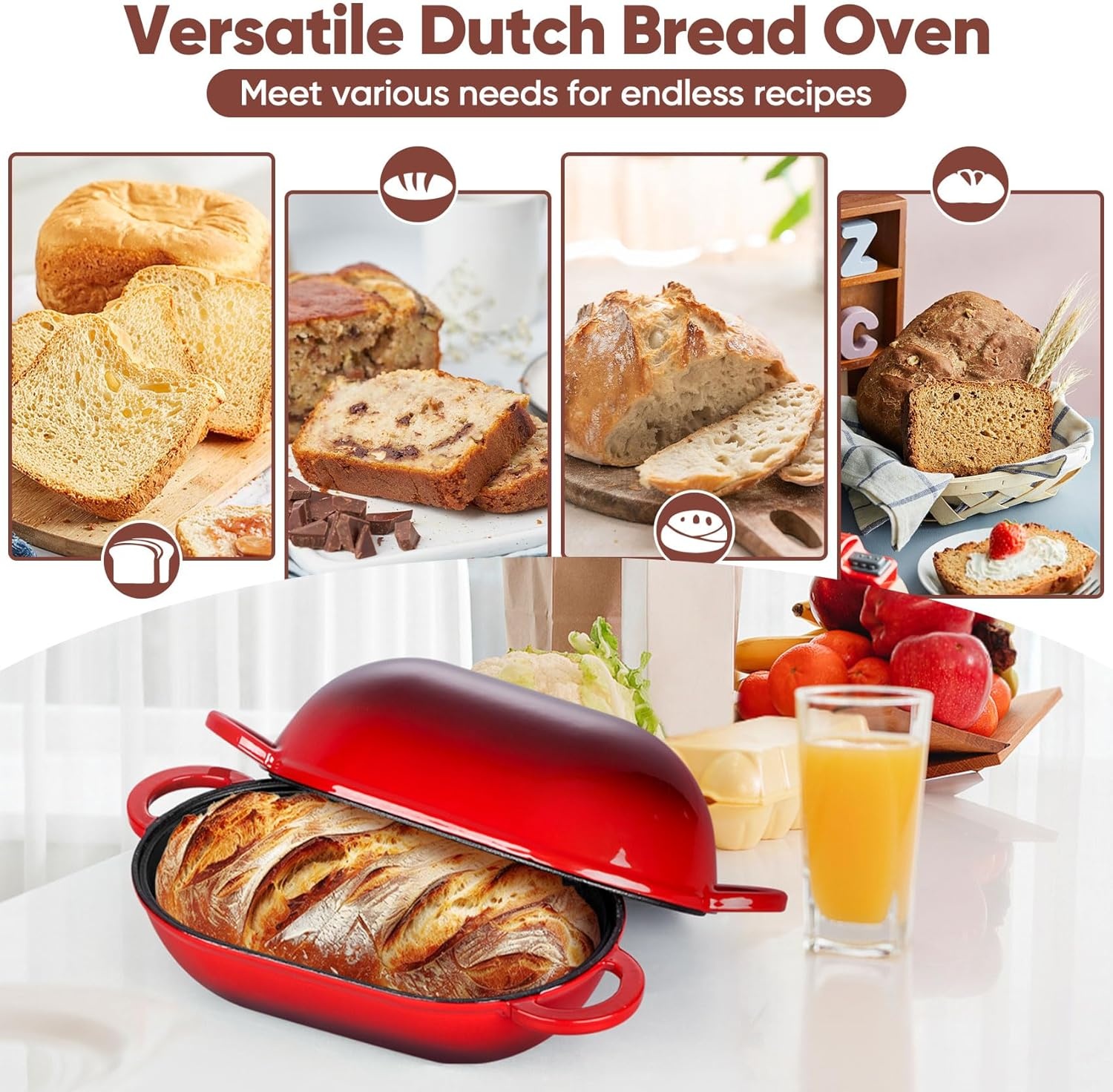 image:imageTeamFar Enameled Cast Iron Bread Loaf Pan 2 QT Oval Dutch Oven with Lid for Sourdough Bread Baking Enameled Meatloaf Loaf Baking Pan with Lid Even Heat Distribution amp SelfBasting BlueRed