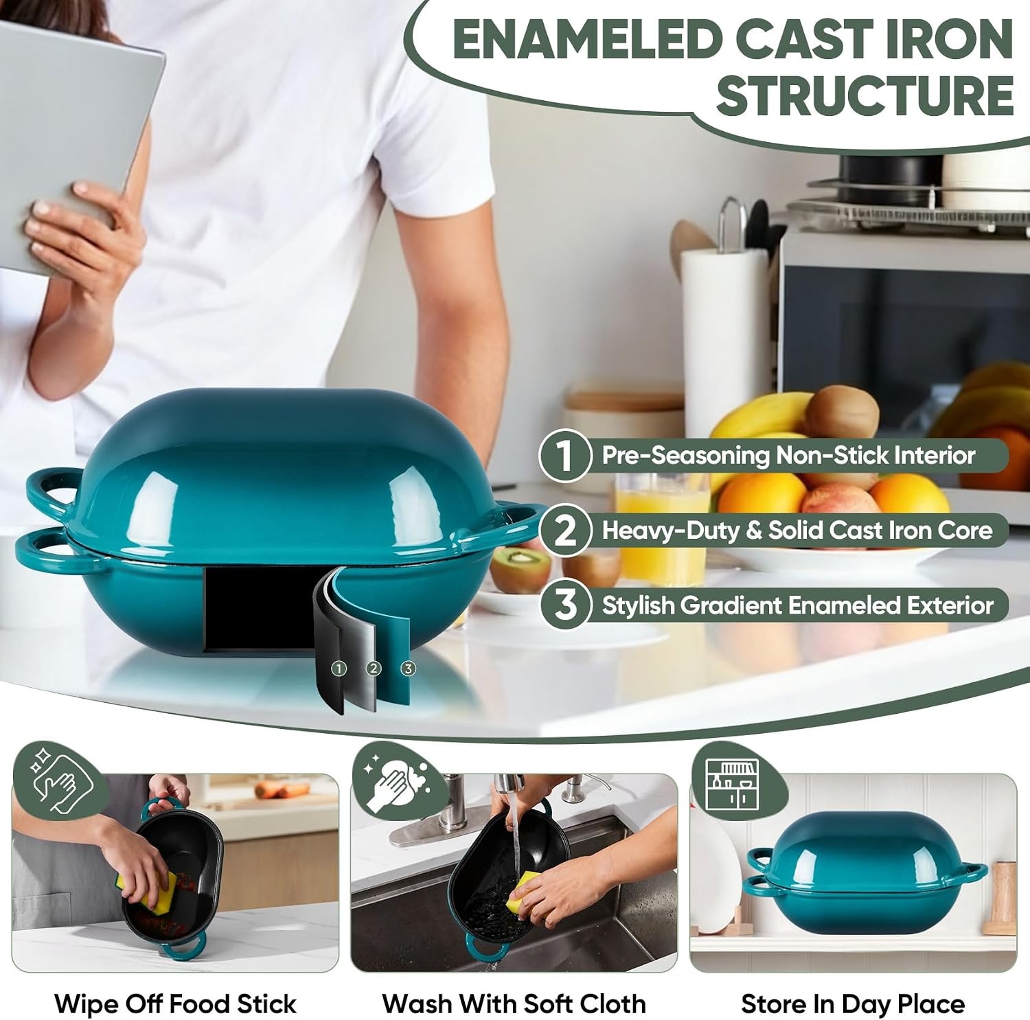 image:imageTeamFar Enameled Cast Iron Bread Loaf Pan 2 QT Oval Dutch Oven with Lid for Sourdough Bread Baking Enameled Meatloaf Loaf Baking Pan with Lid Even Heat Distribution amp SelfBasting BlueBasil Green
