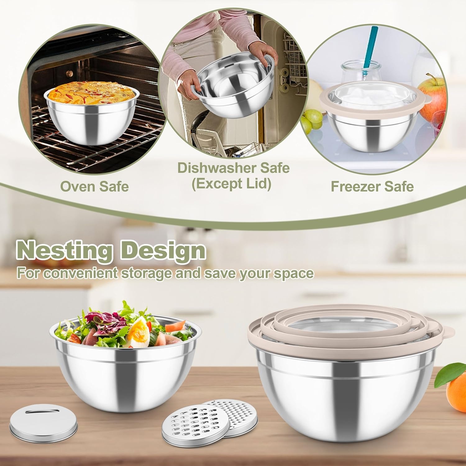 image:imageTeamFar Mixing Bowls Stainless Steel Salad Serving Bowl with Clear Lids amp 3 Graters For Kitchen Cooking Prepping Storing Size 462615107 QT Nesting amp Airtight Set of 5 amp BlackKhaki