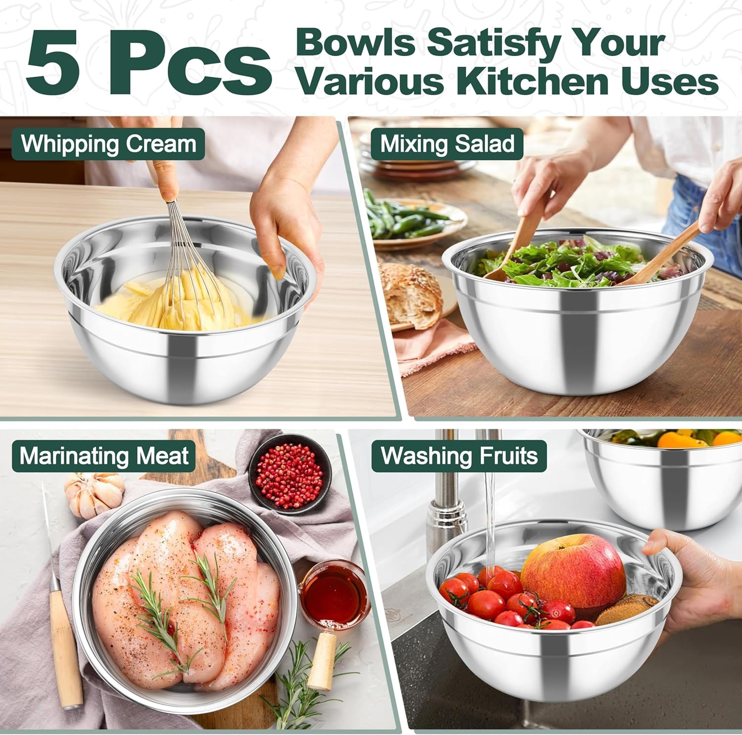 image:imageTeamFar Mixing Bowls Stainless Steel Salad Serving Bowl with Clear Lids amp 3 Graters For Kitchen Cooking Prepping Storing Size 462615107 QT Nesting amp Airtight Set of 5 amp BlackBlack