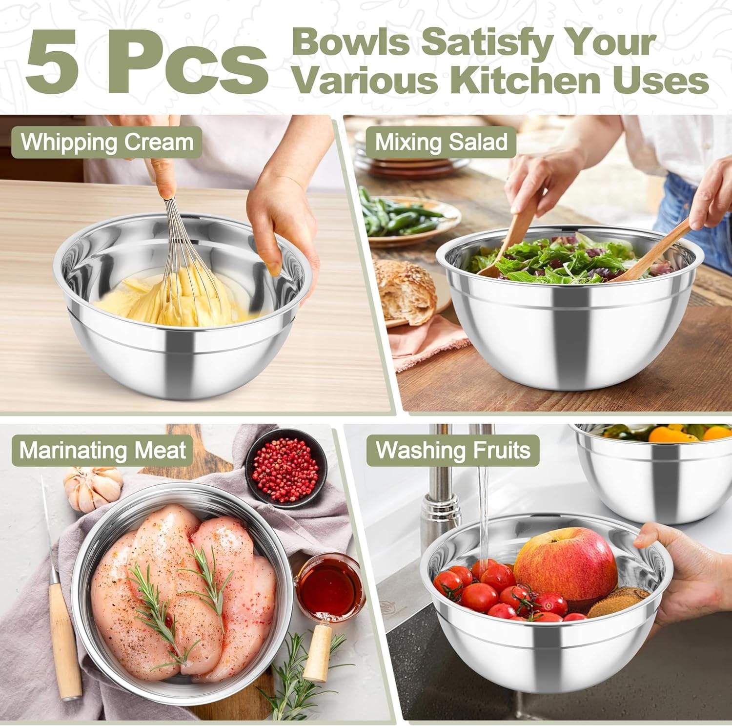 image:imageTeamFar Mixing Bowls Stainless Steel Salad Serving Bowl with Clear Lids amp 3 Graters For Kitchen Cooking Prepping Storing Size 462615107 QT Nesting amp Airtight Set of 5 amp BlackKhaki