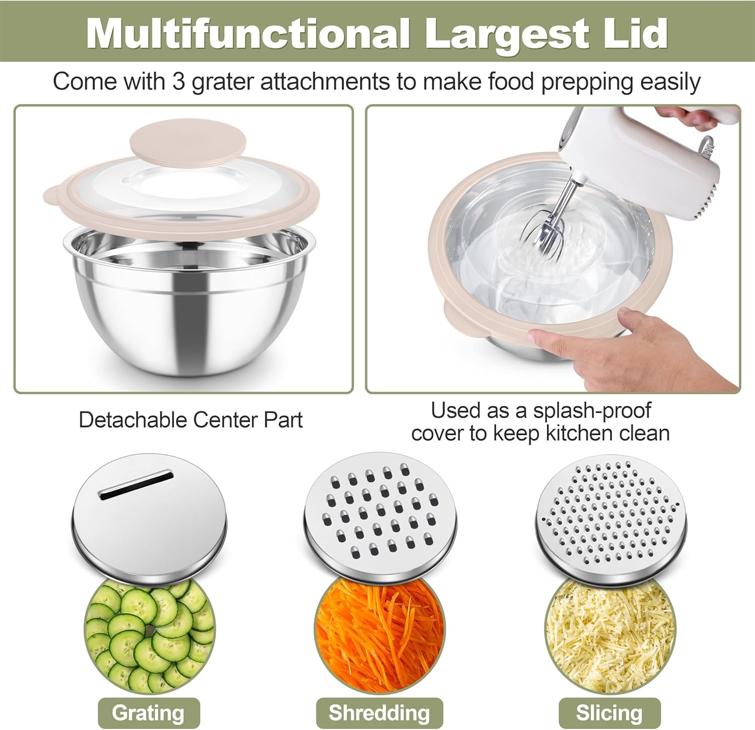 image:imageTeamFar Mixing Bowls Stainless Steel Salad Serving Bowl with Clear Lids amp 3 Graters For Kitchen Cooking Prepping Storing Size 462615107 QT Nesting amp Airtight Set of 5 amp BlackKhaki