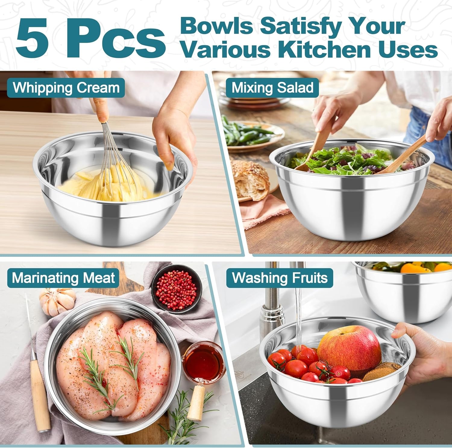 image:imageTeamFar Mixing Bowls Stainless Steel Salad Serving Bowl with Clear Lids amp 3 Graters For Kitchen Cooking Prepping Storing Size 462615107 QT Nesting amp Airtight Set of 5 amp BlackDark Blue