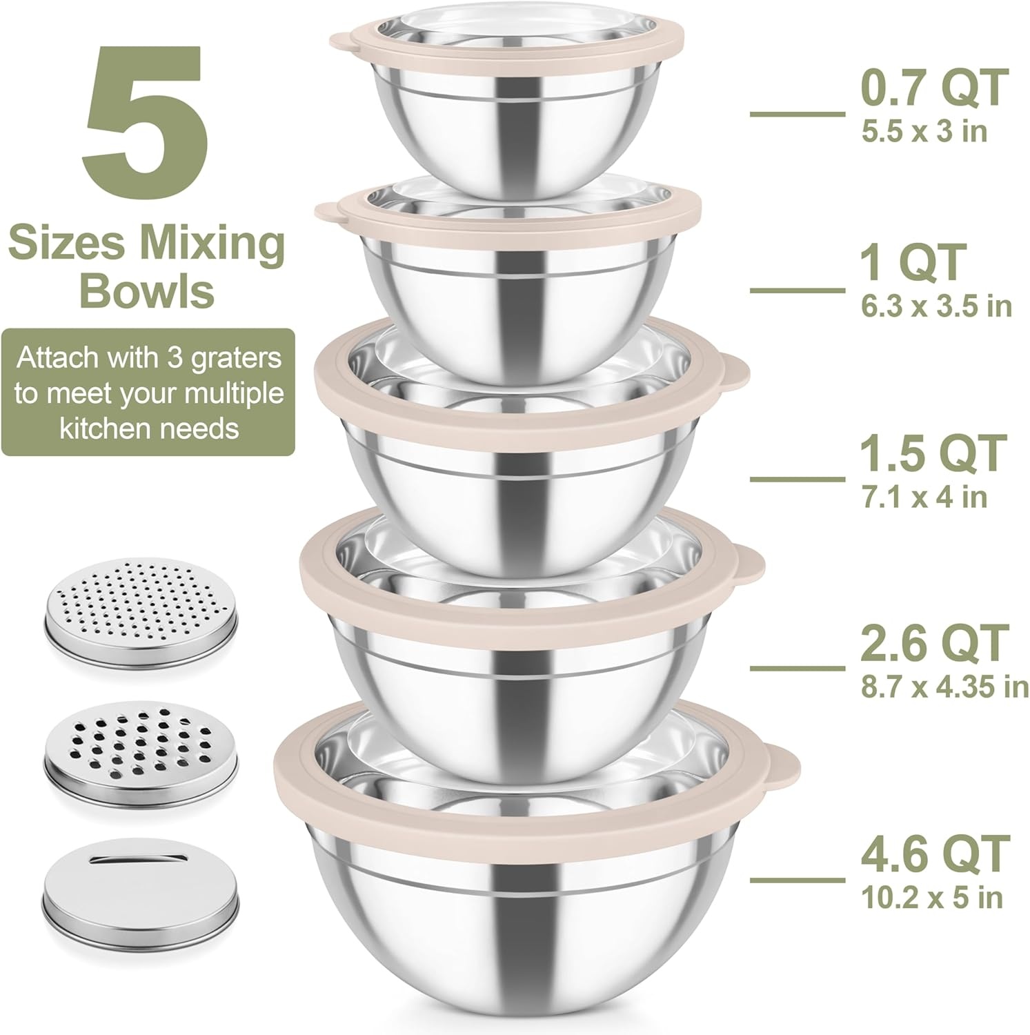 image:imageTeamFar Mixing Bowls Stainless Steel Salad Serving Bowl with Clear Lids amp 3 Graters For Kitchen Cooking Prepping Storing Size 462615107 QT Nesting amp Airtight Set of 5 amp BlackKhaki