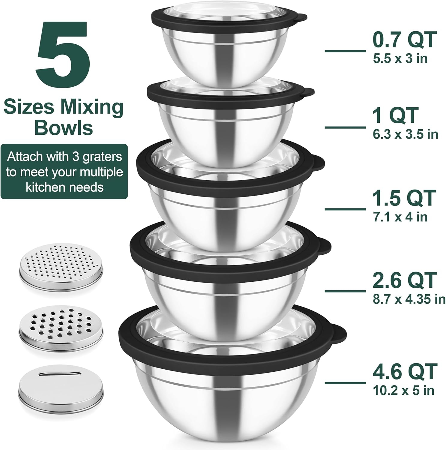 image:imageTeamFar Mixing Bowls Stainless Steel Salad Serving Bowl with Clear Lids amp 3 Graters For Kitchen Cooking Prepping Storing Size 462615107 QT Nesting amp Airtight Set of 5 amp BlackBlack