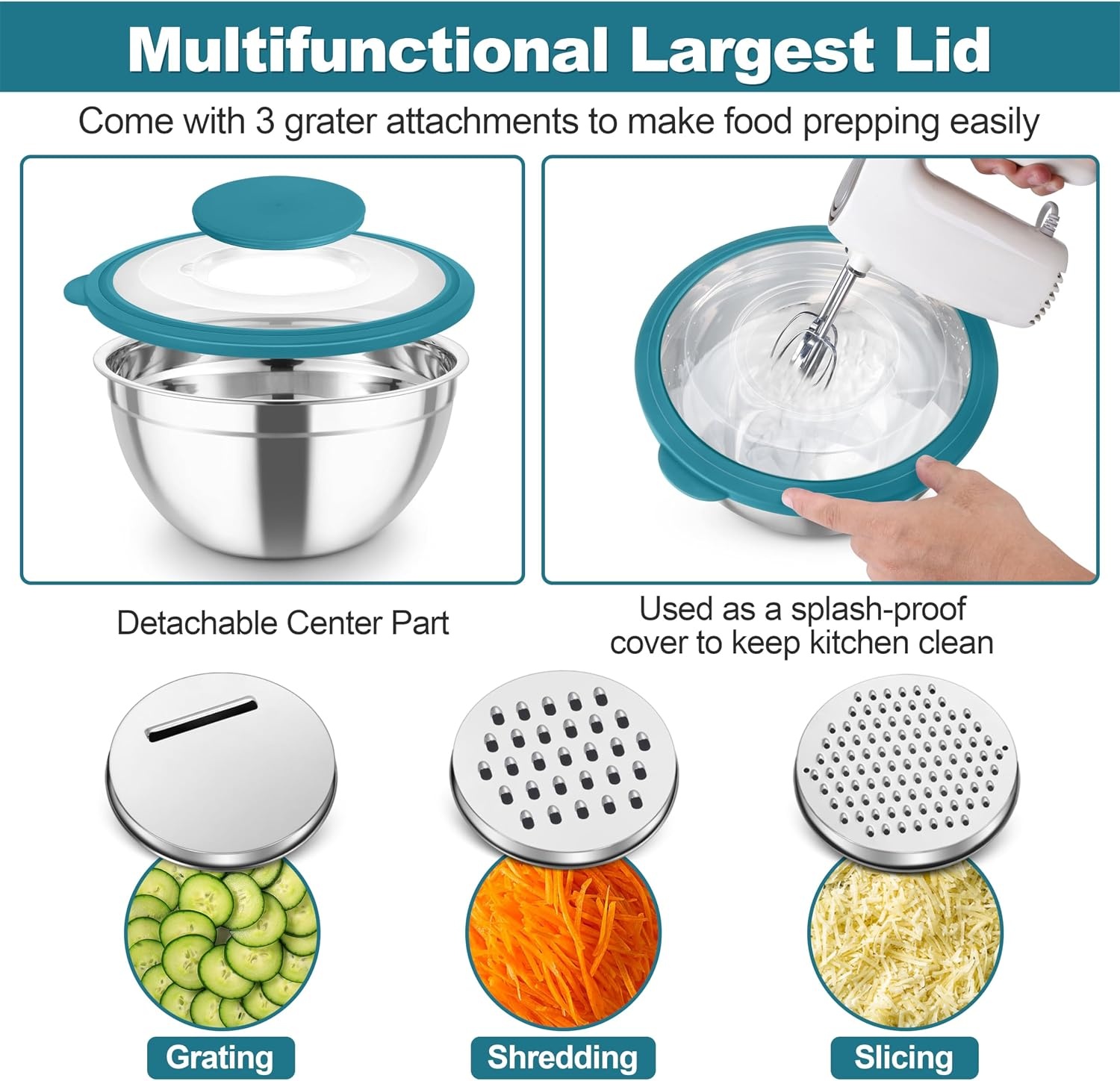 image:imageTeamFar Mixing Bowls Stainless Steel Salad Serving Bowl with Clear Lids amp 3 Graters For Kitchen Cooking Prepping Storing Size 462615107 QT Nesting amp Airtight Set of 5 amp BlackDark Blue
