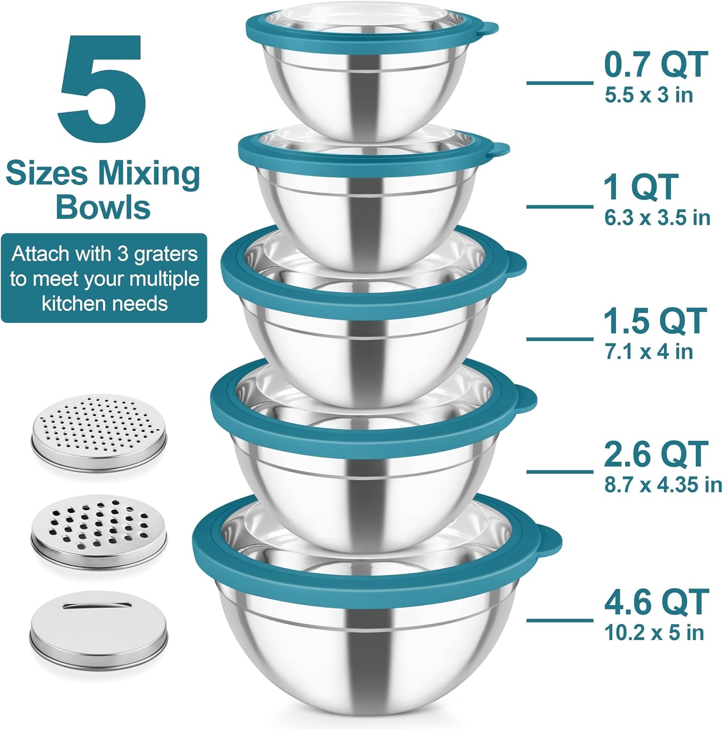 image:imageTeamFar Mixing Bowls Stainless Steel Salad Serving Bowl with Clear Lids amp 3 Graters For Kitchen Cooking Prepping Storing Size 462615107 QT Nesting amp Airtight Set of 5 amp BlackDark Blue