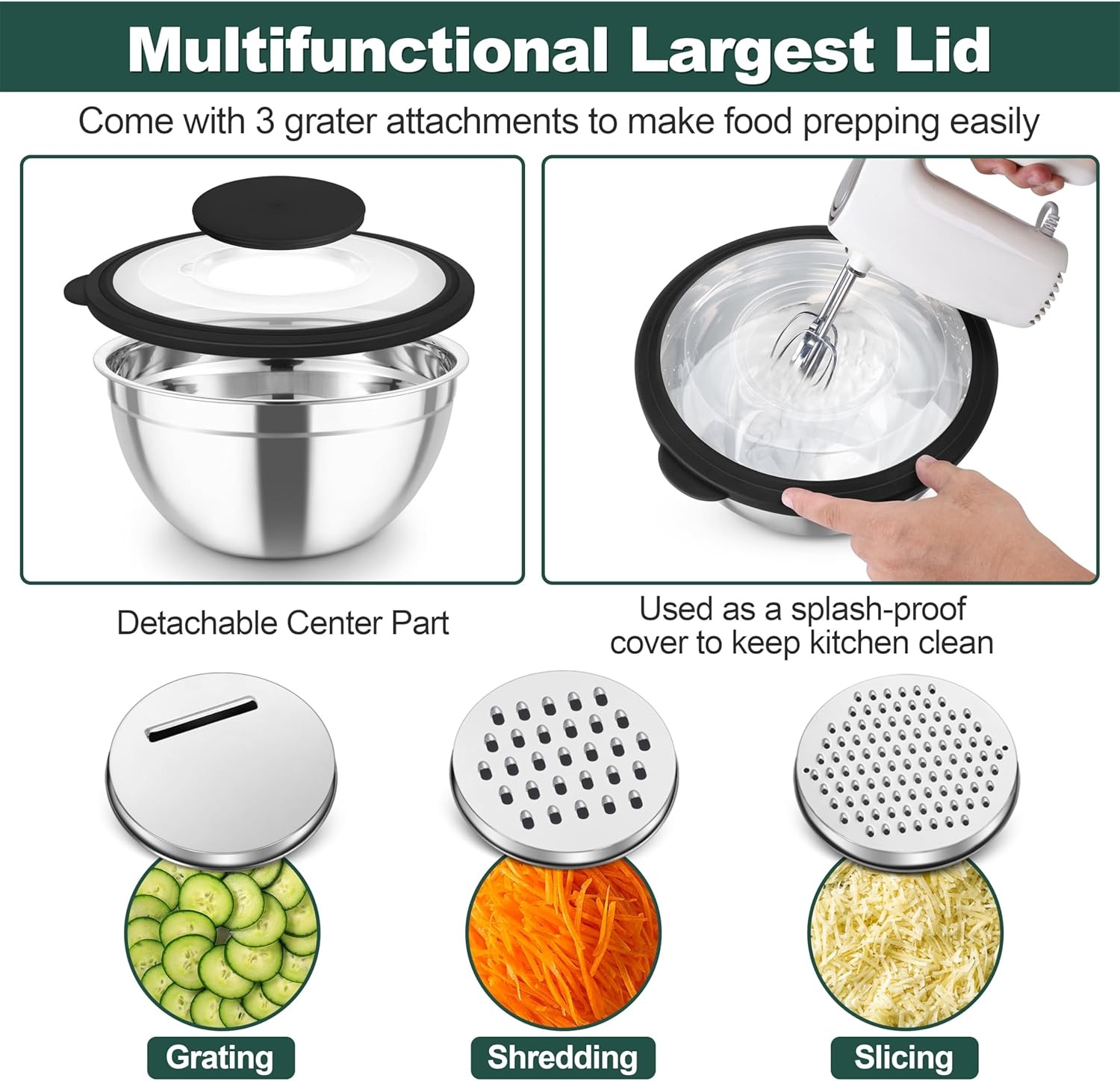 image:imageTeamFar Mixing Bowls Stainless Steel Salad Serving Bowl with Clear Lids amp 3 Graters For Kitchen Cooking Prepping Storing Size 462615107 QT Nesting amp Airtight Set of 5 amp BlackBlack