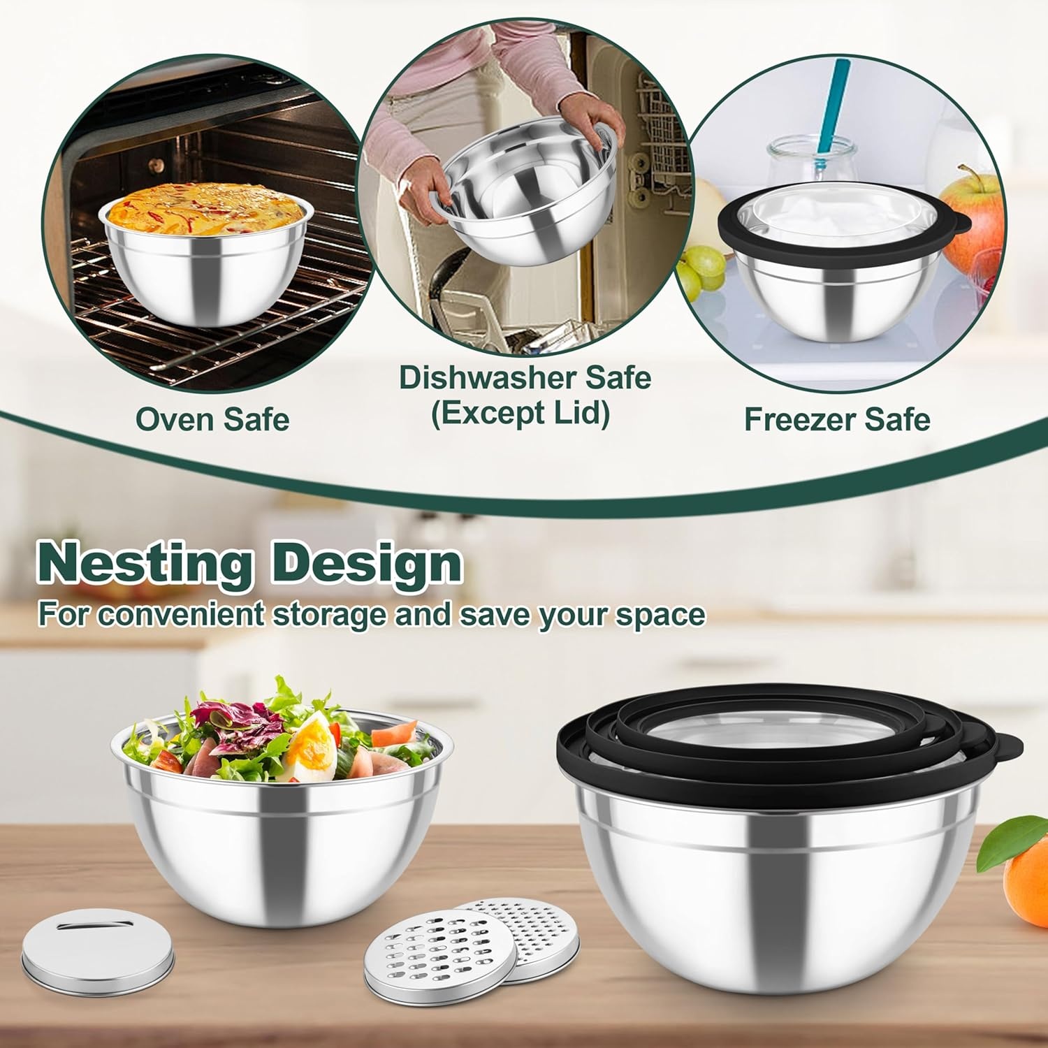 image:imageTeamFar Mixing Bowls Stainless Steel Salad Serving Bowl with Clear Lids amp 3 Graters For Kitchen Cooking Prepping Storing Size 462615107 QT Nesting amp Airtight Set of 5 amp BlackBlack