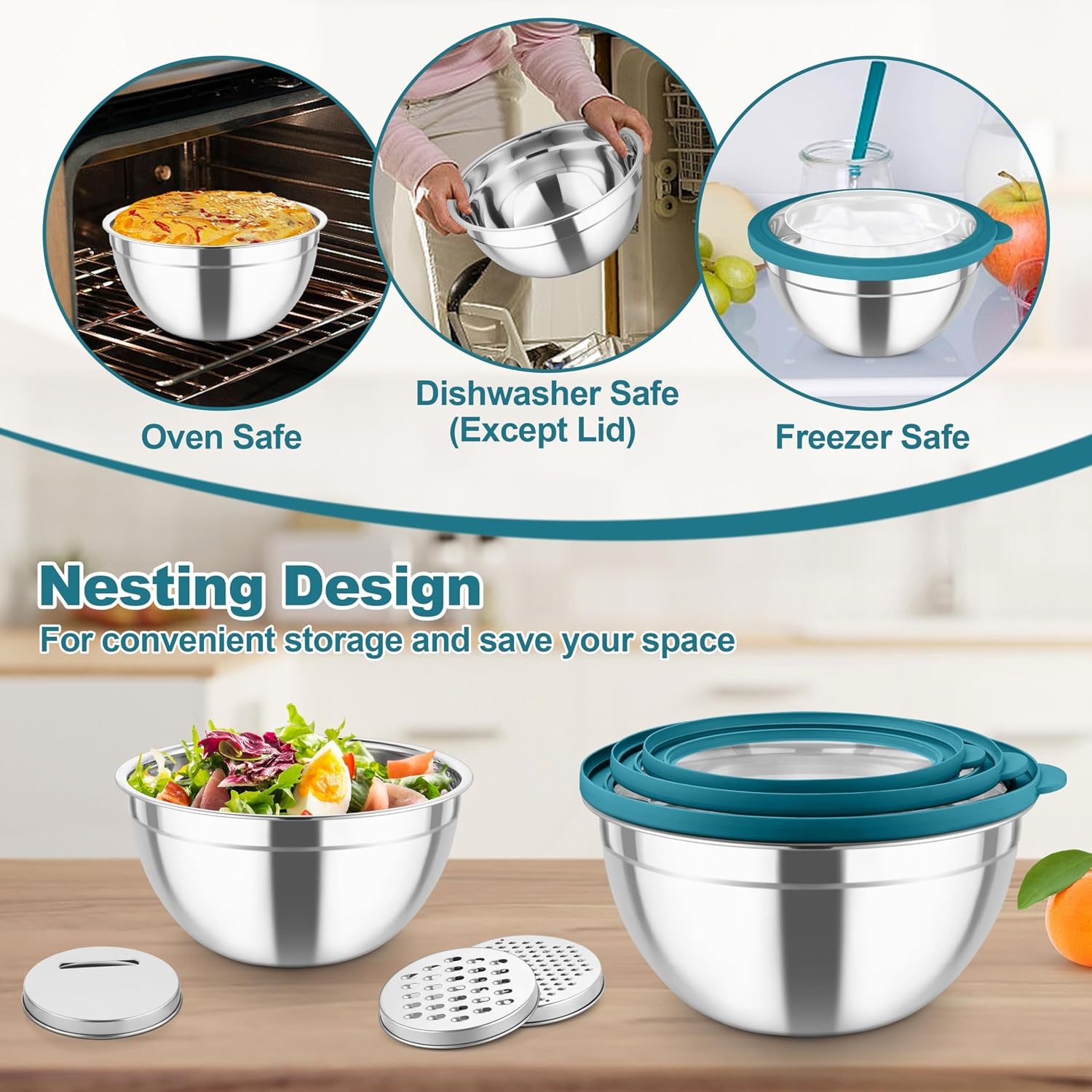 image:imageTeamFar Mixing Bowls Stainless Steel Salad Serving Bowl with Clear Lids amp 3 Graters For Kitchen Cooking Prepping Storing Size 462615107 QT Nesting amp Airtight Set of 5 amp BlackDark Blue