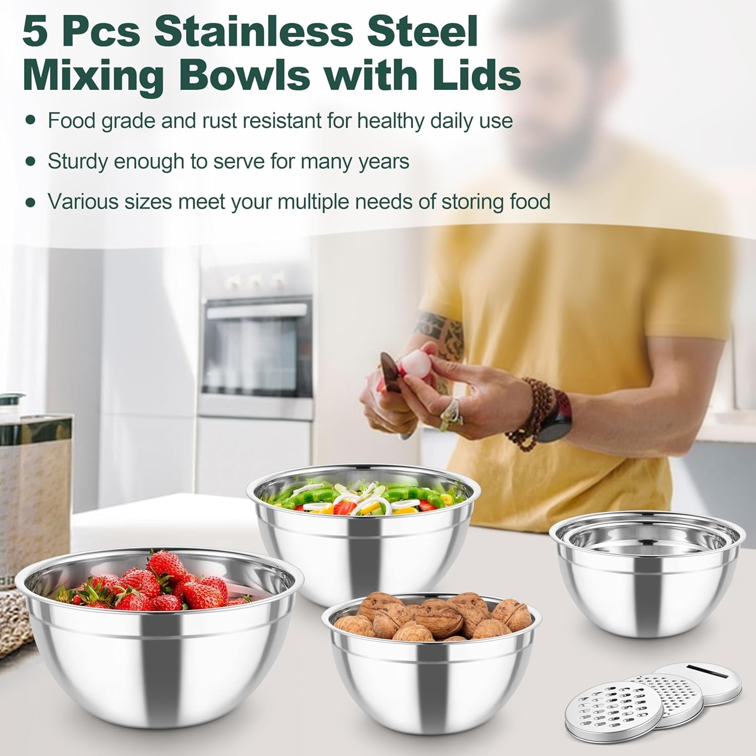 image:imageTeamFar Mixing Bowls Stainless Steel Salad Serving Bowl with Clear Lids amp 3 Graters For Kitchen Cooking Prepping Storing Size 462615107 QT Nesting amp Airtight Set of 5 amp BlackBlack