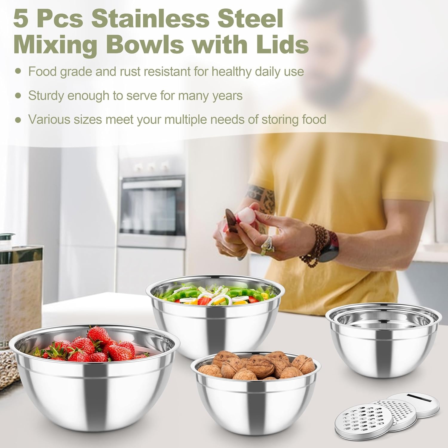 image:imageTeamFar Mixing Bowls Stainless Steel Salad Serving Bowl with Clear Lids amp 3 Graters For Kitchen Cooking Prepping Storing Size 462615107 QT Nesting amp Airtight Set of 5 amp BlackKhaki