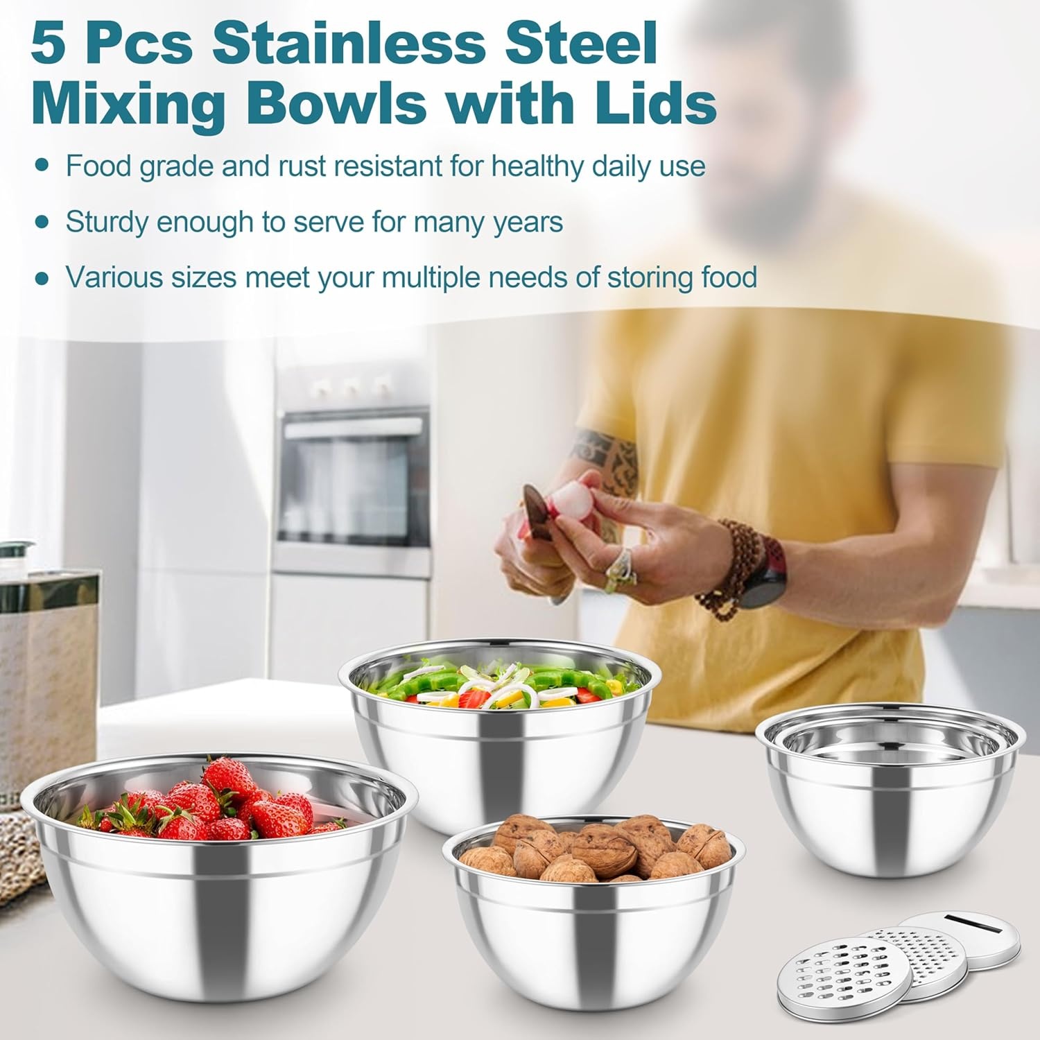 image:imageTeamFar Mixing Bowls Stainless Steel Salad Serving Bowl with Clear Lids amp 3 Graters For Kitchen Cooking Prepping Storing Size 462615107 QT Nesting amp Airtight Set of 5 amp BlackDark Blue