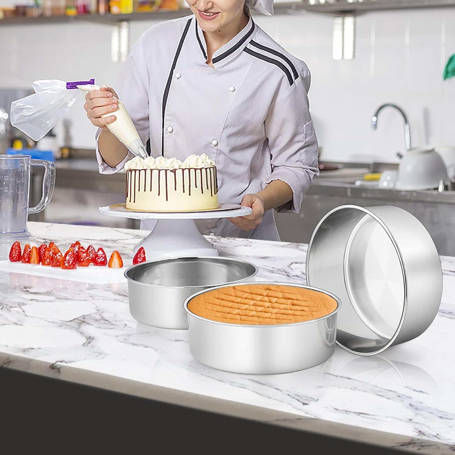image:imageTeamFar Round Cake Pan 8 x 3 Stainless Steel Deep Baking Roasting Cake Pan for Birthday Party Wedding NonToxic amp Heavy Duty Deep amp Straight Wall Mirror Finish amp Dishwasher Safe4