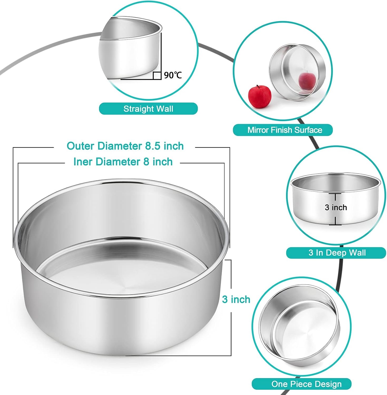 image:imageTeamFar Round Cake Pan 8 x 3 Stainless Steel Deep Baking Roasting Cake Pan for Birthday Party Wedding NonToxic amp Heavy Duty Deep amp Straight Wall Mirror Finish amp Dishwasher Safe2
