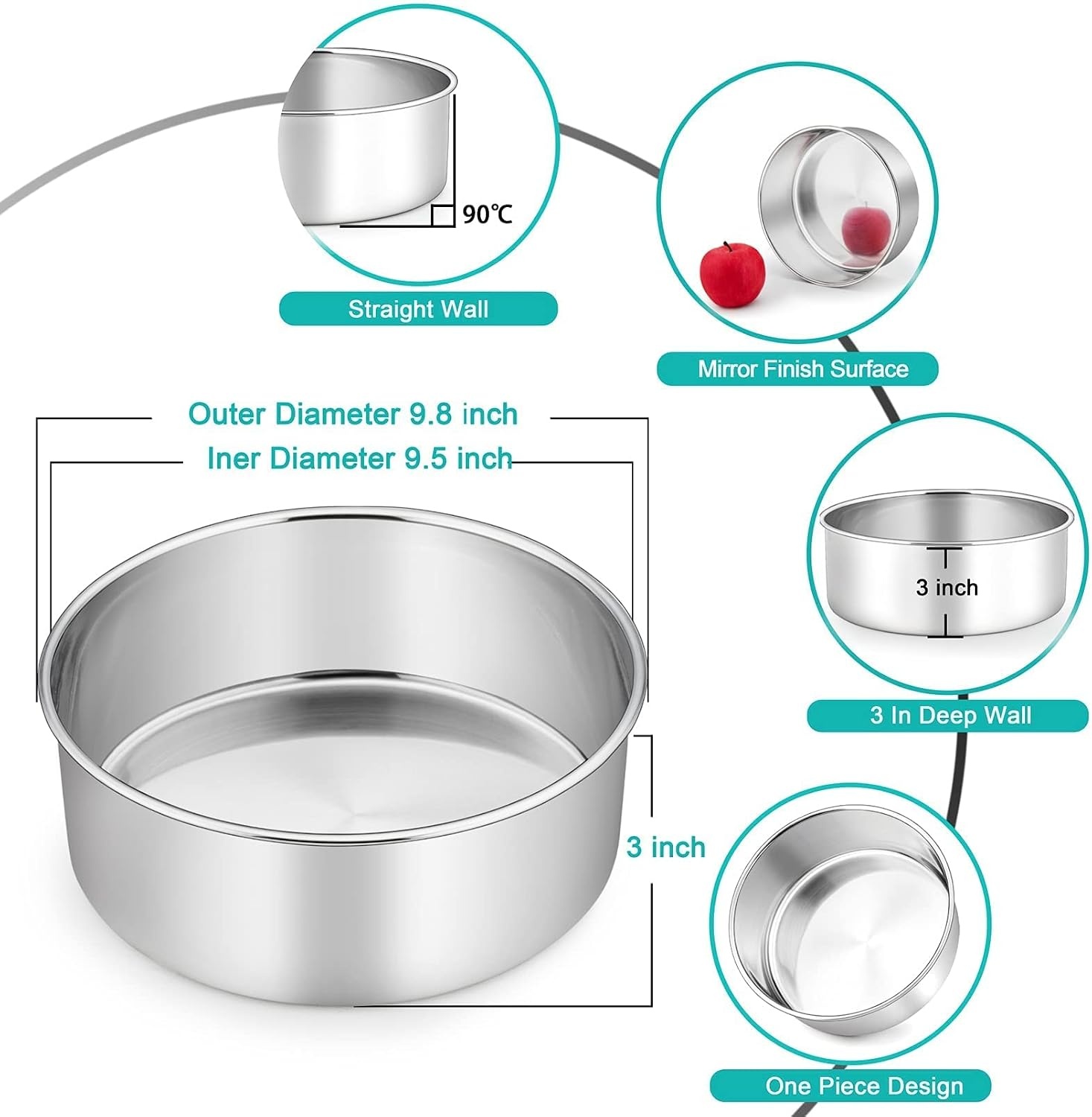 image:imageTeamFar Round Cake Pan 8 x 3 Stainless Steel Deep Baking Roasting Cake Pan for Birthday Party Wedding NonToxic amp Heavy Duty Deep amp Straight Wall Mirror Finish amp Dishwasher Safe2