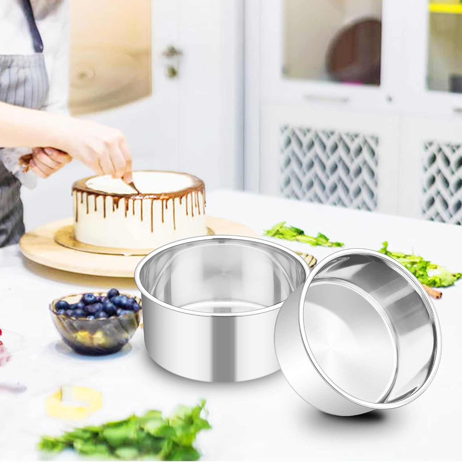 image:imageTeamFar Round Cake Pan 8 x 3 Stainless Steel Deep Baking Roasting Cake Pan for Birthday Party Wedding NonToxic amp Heavy Duty Deep amp Straight Wall Mirror Finish amp Dishwasher Safe4