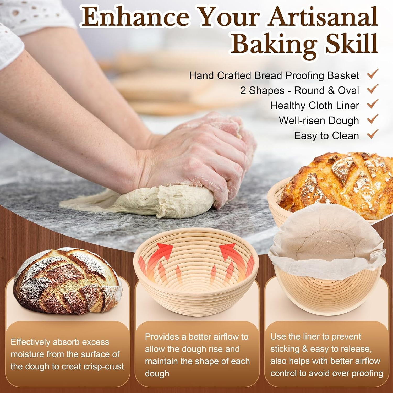 image:imageTeamFar Sourdough Bread Baking Supplies 9 Round and 10 Oval Sourdough Starter Kit Proofing Basket Set with Cloth Liner Bread Lame Whisk Dough Bowl Scraper Brush