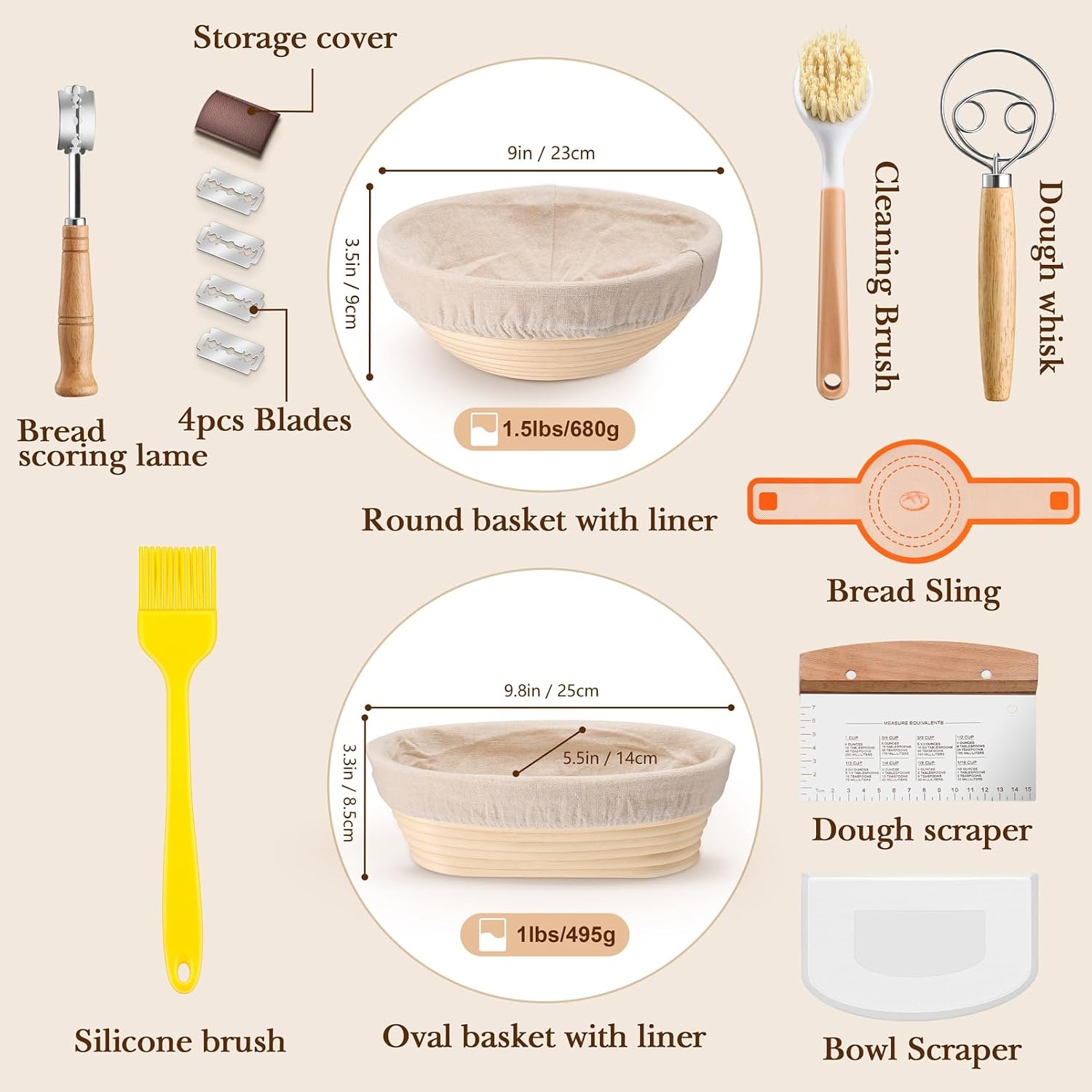 image:imageTeamFar Sourdough Bread Baking Supplies 9 Round and 10 Oval Sourdough Starter Kit Proofing Basket Set with Cloth Liner Bread Lame Whisk Dough Bowl Scraper Brush