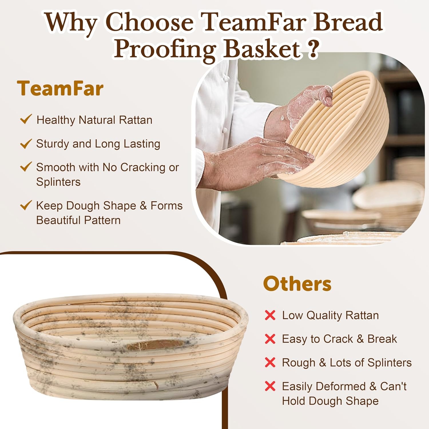 image:imageTeamFar Sourdough Bread Baking Supplies 9 Round and 10 Oval Sourdough Starter Kit Proofing Basket Set with Cloth Liner Bread Lame Whisk Dough Bowl Scraper Brush