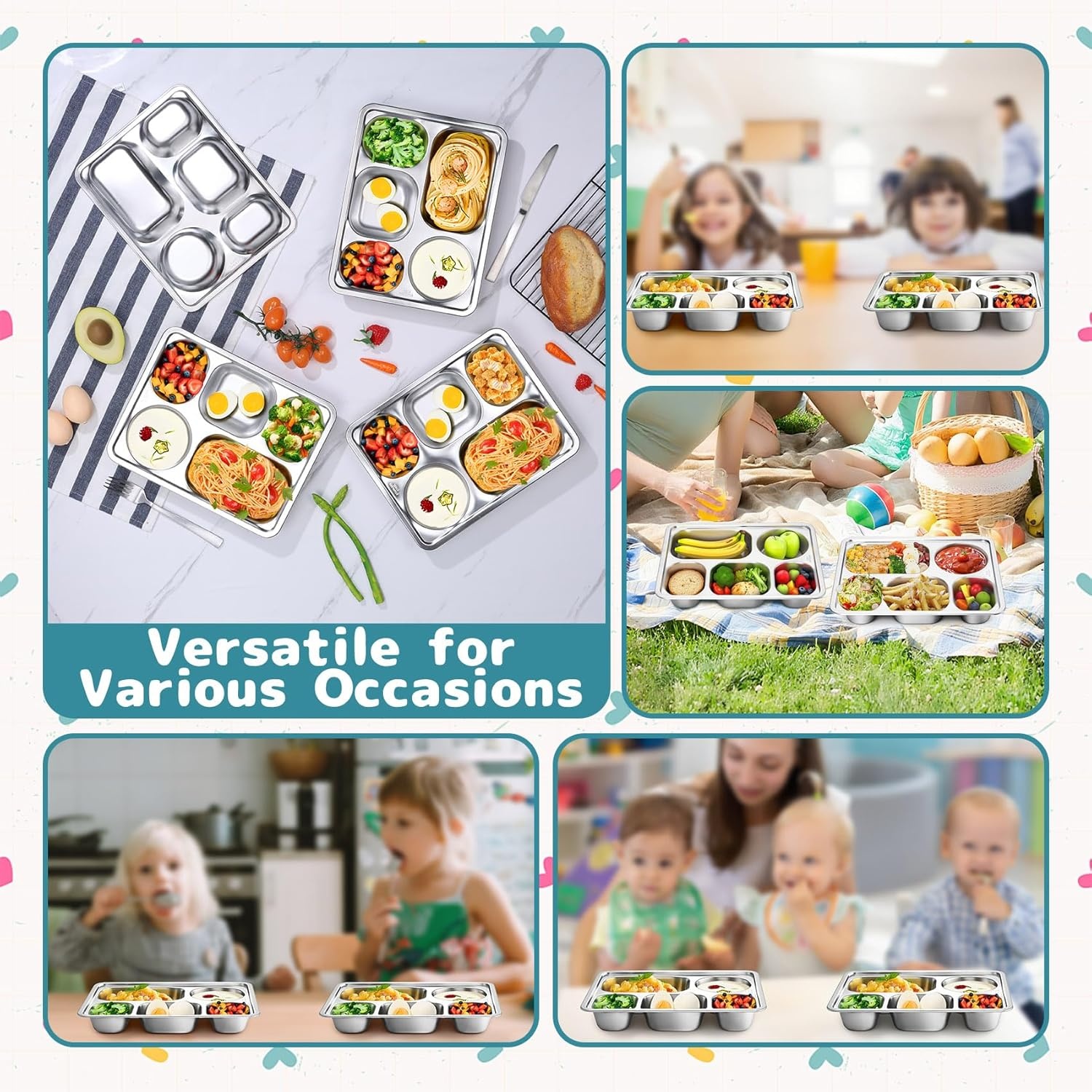 image:imageTeamFar Stainless Steel Divided Plates 2 Pack 5 Sections Dinner Plates for kids Toddler Metal Lunch Compartment Trays Portion Control Plates for Adults Balance Lunch Unbreakable amp Dishwasher Safe4